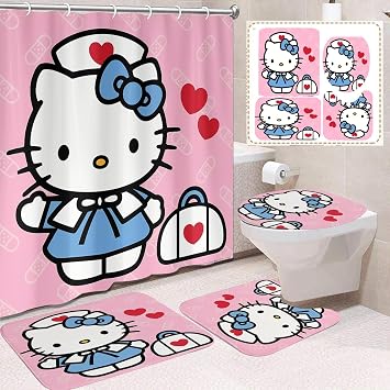 Cute for Kitty Shower Curtain Set 4 Piece with Non-Slip Rugs, Toilet Lid Cover and Bath Mat Cartoon Bathroom Decor 72 x 72inch KT001