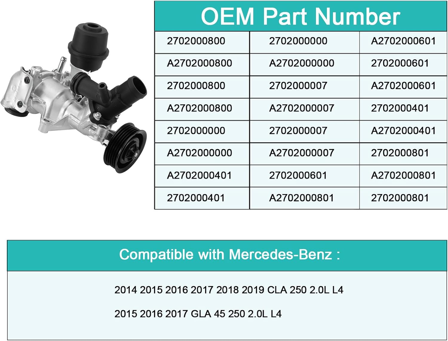 AULINK 2702000800 Water Pump For Mercedes-Benz CLA250 2014-2019,GLA250 2015-2017,220 1968-1973,230 1974-1978,240D 1974-1983,280 1973-1976,300CD 1978-1985 2.2L 2.3L 2.4L 2.8L 3.0L 4.5L A2702000000