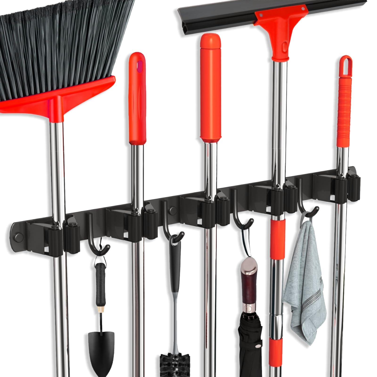 Soporte de pared para fregona y escoba, soporte de pared mejorado, organizador de escobas de acero inoxidable para armario, garaje, lavandería, cocina, decoración de pared (5 estantes, 4
