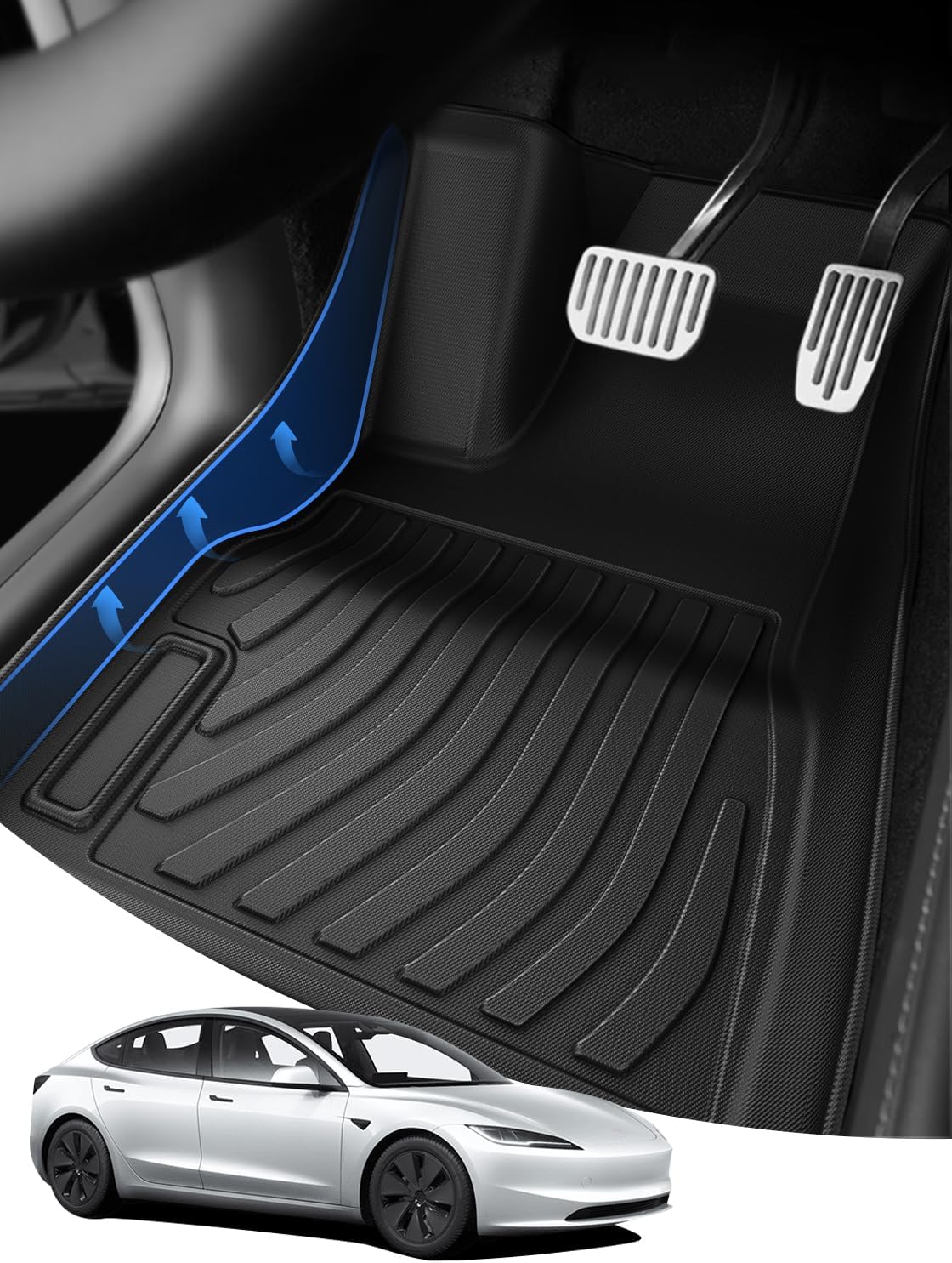 Car Floor Mats for Tesla Model 3 (Left Steering Wheel) 2021 2022 2023 2024, Front Mats TPE Tesla Model 3 Non-Slip Waterproof Easy Clean Black