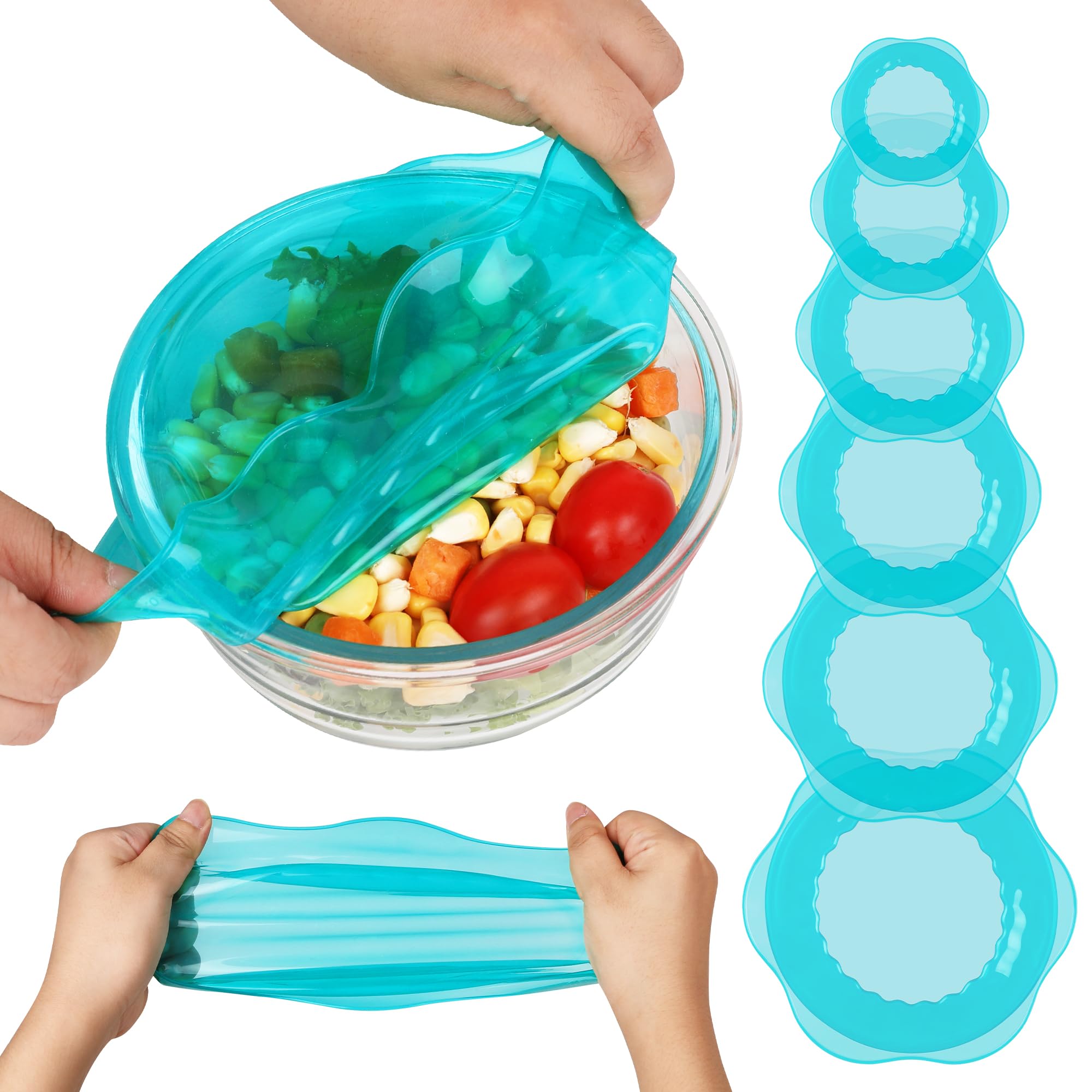 Silicone Stretch Lids for Food Storage in Fridge, Reusable Elastic Bowl Covers for Cup, Cans, Jars, Round &amp; Rectangle Container, Food Grade Silicone Microwave Food Cover, Heat-Resistant, Blue, 6PCS