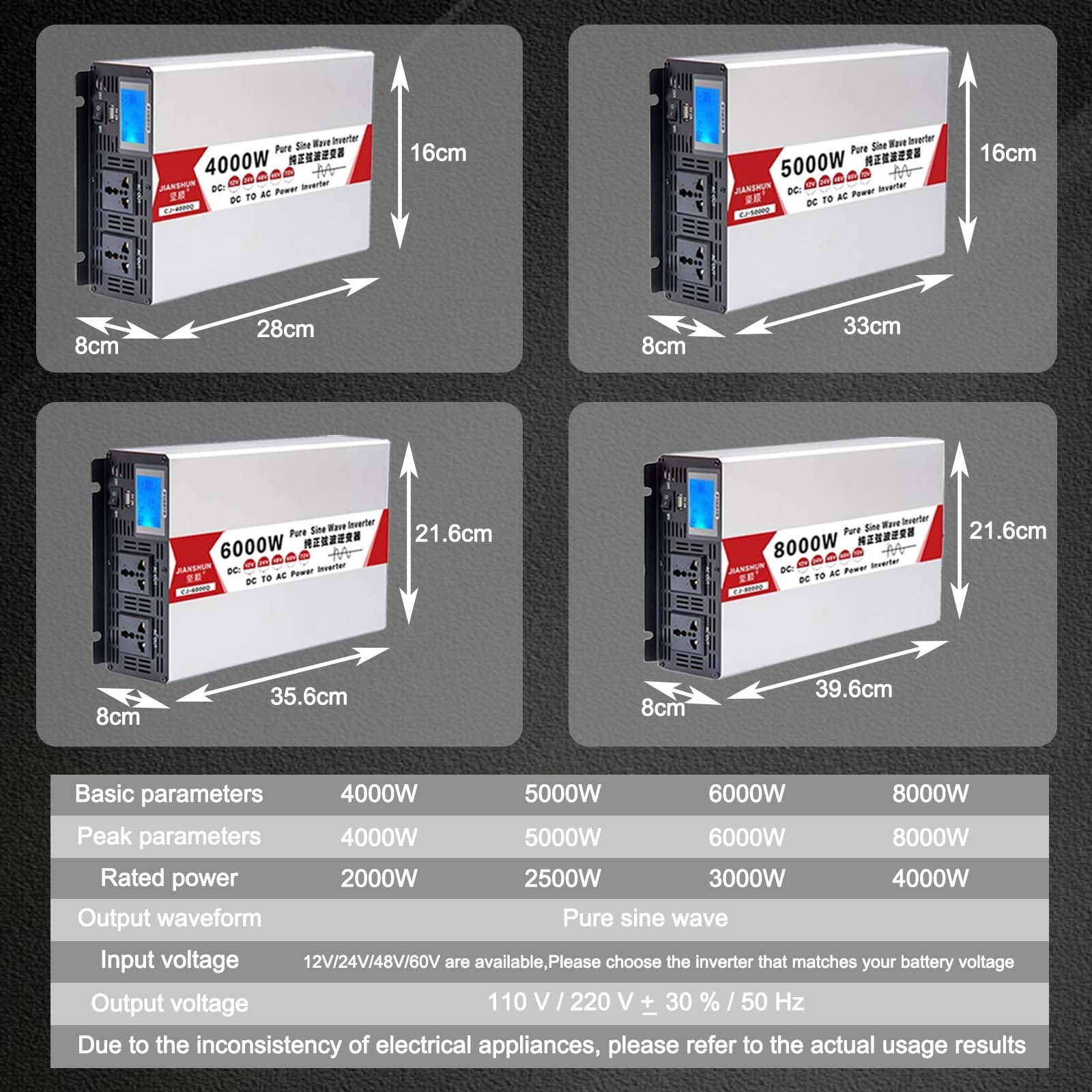 Przetwornica czystego sinusa 2000W (szczyt 4000W), 12V/24V/48V/60V DC na 120V/240V AC, z wyświetlaczem LCD i podwójnym gniazdem AC, cicha praca 48V