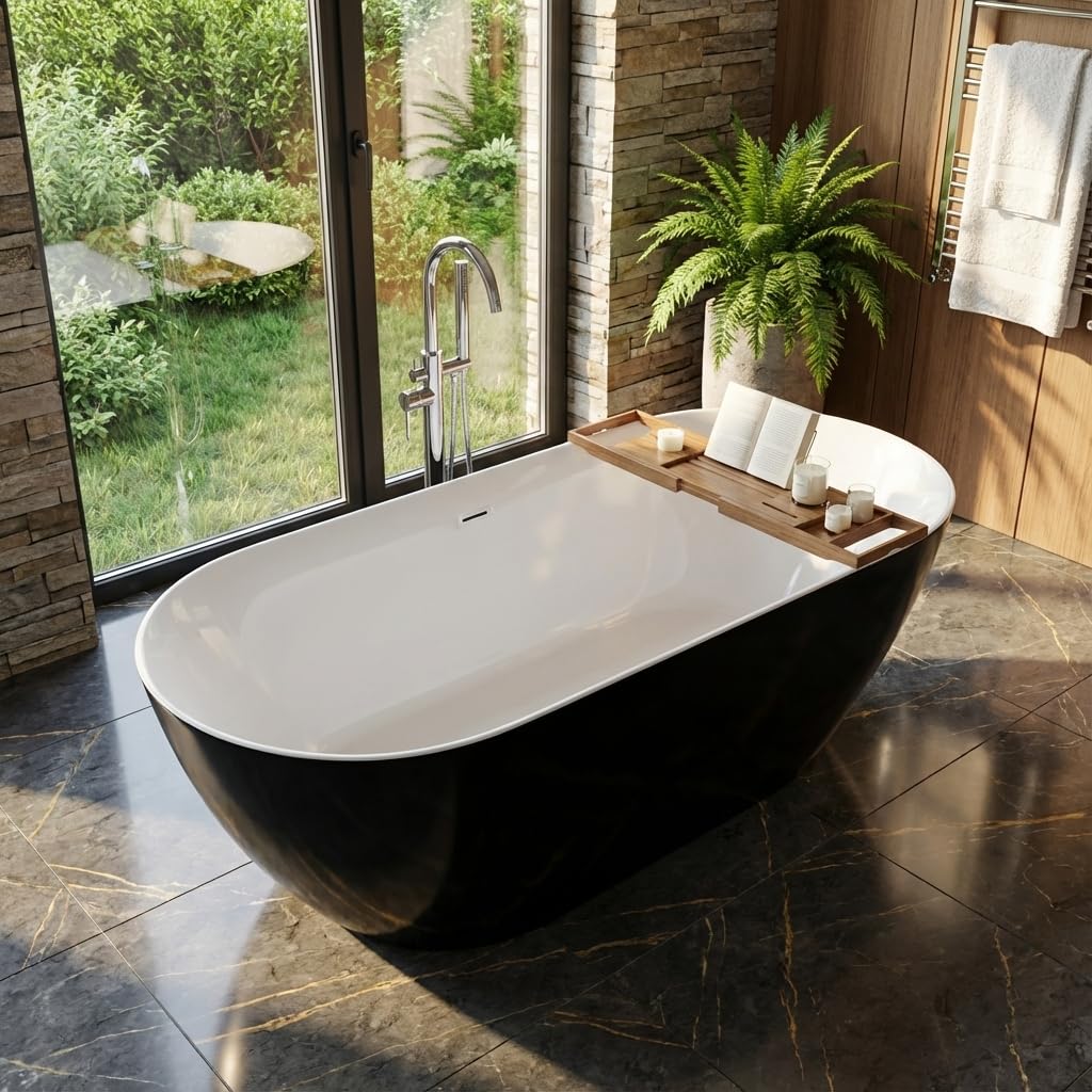 59 Inch Acrylic Freestanding Bathtub, Acrylic Soaking Bathtub with Matte Drain and Overflow, Modern Square Tub, CUPC Certified, Deep Ergonomic Design, Double-Walled Insulation, Easy Installation
