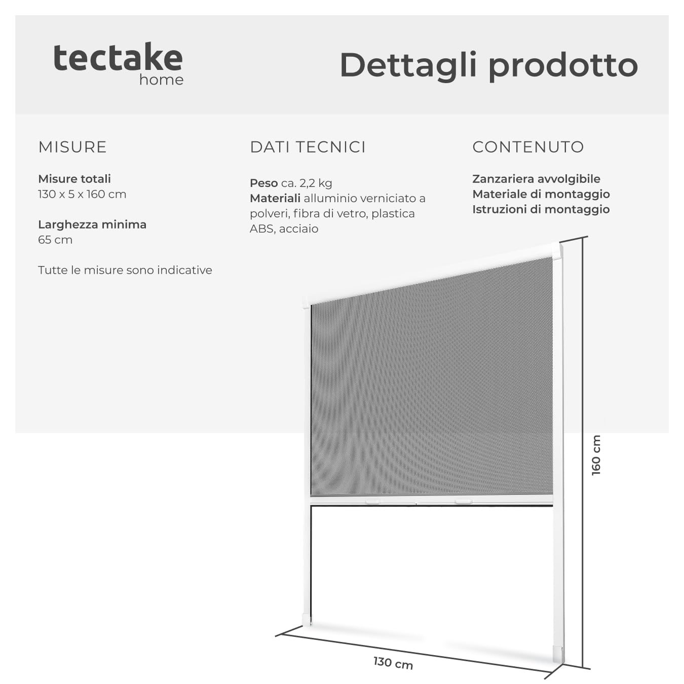 TecTake, zanzariera avvolgibile in alluminio, diverse misure., 800321