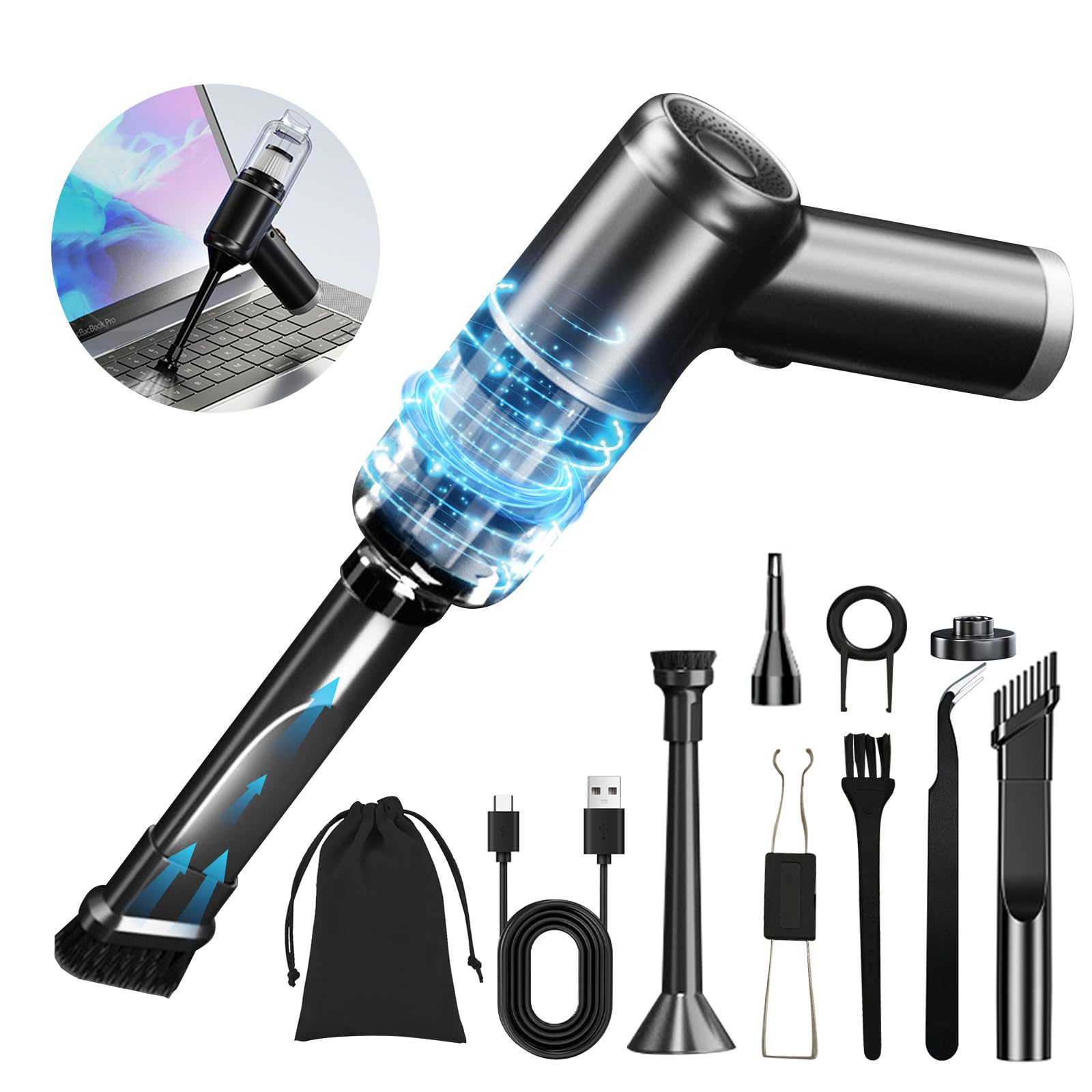 EBUYFIRE Aspirapolvere auto Portatile 2 in 1, aria compressa spray, compressore aria,dust cleaner per Auto, PC e Casa, con Accessori