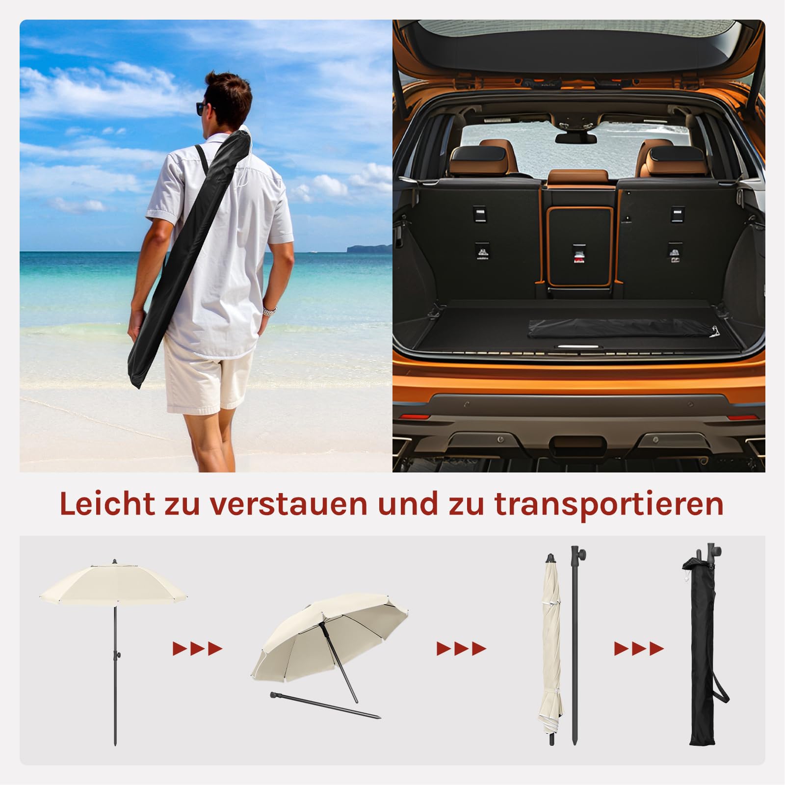 WOLTU Sonnenschirm Balkon φ155cm, UV-Schutz Strandschirm UPF 50+, Höhenverstellbar und Knickbar, Tragbar mit Tragetasche, Belüfteter Rundschirm für Balkon Garten Strand, Beige