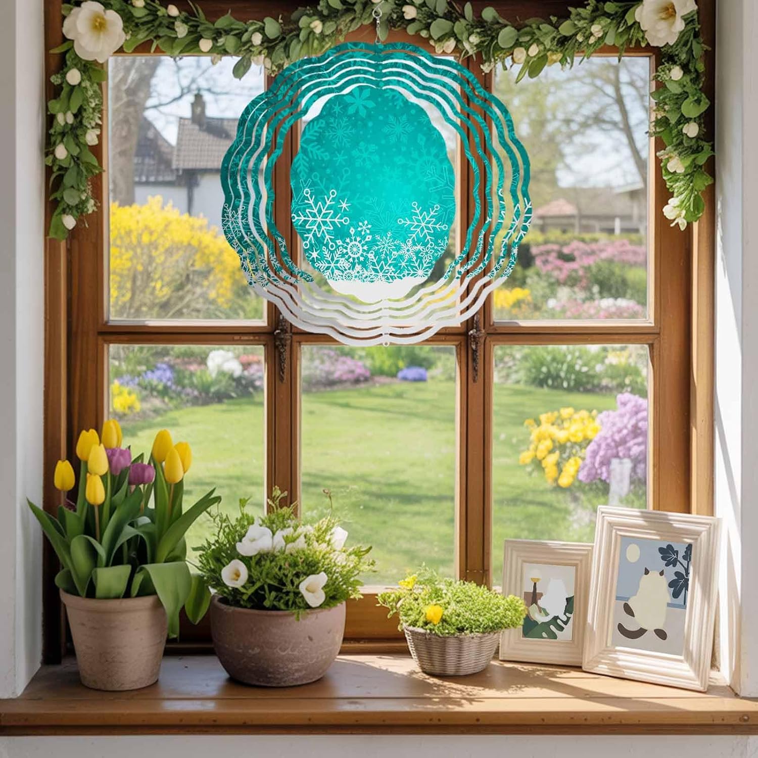 Wind Spinners, Christmas Snowflakes Turquoise Art Hanging Wind Spinners for Yard and Garden 3D Stainless Steel Metal Sculptures Crafts Ornaments 12 Inch