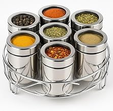 ATROCK Masala Box For Kitchen | Stainless Steel Masala Dabba| Spice Storage Container| Steel Masala Box | Masala Dani with 7pcs Spoon & 7 Containers with Steel Stand | Each 190ml Container