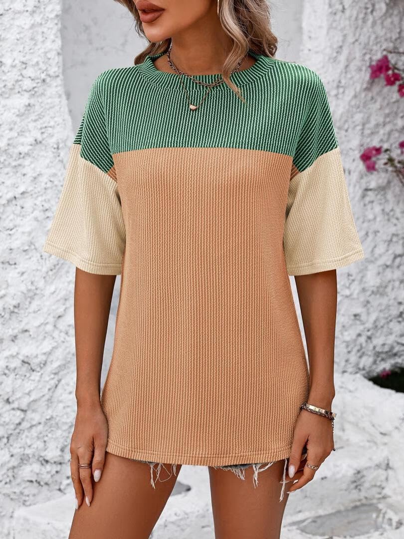 Womens Color Block Fashion Short Sleeve Crewneck Knitted Spring Summer Casual Loose T Shirts Tops