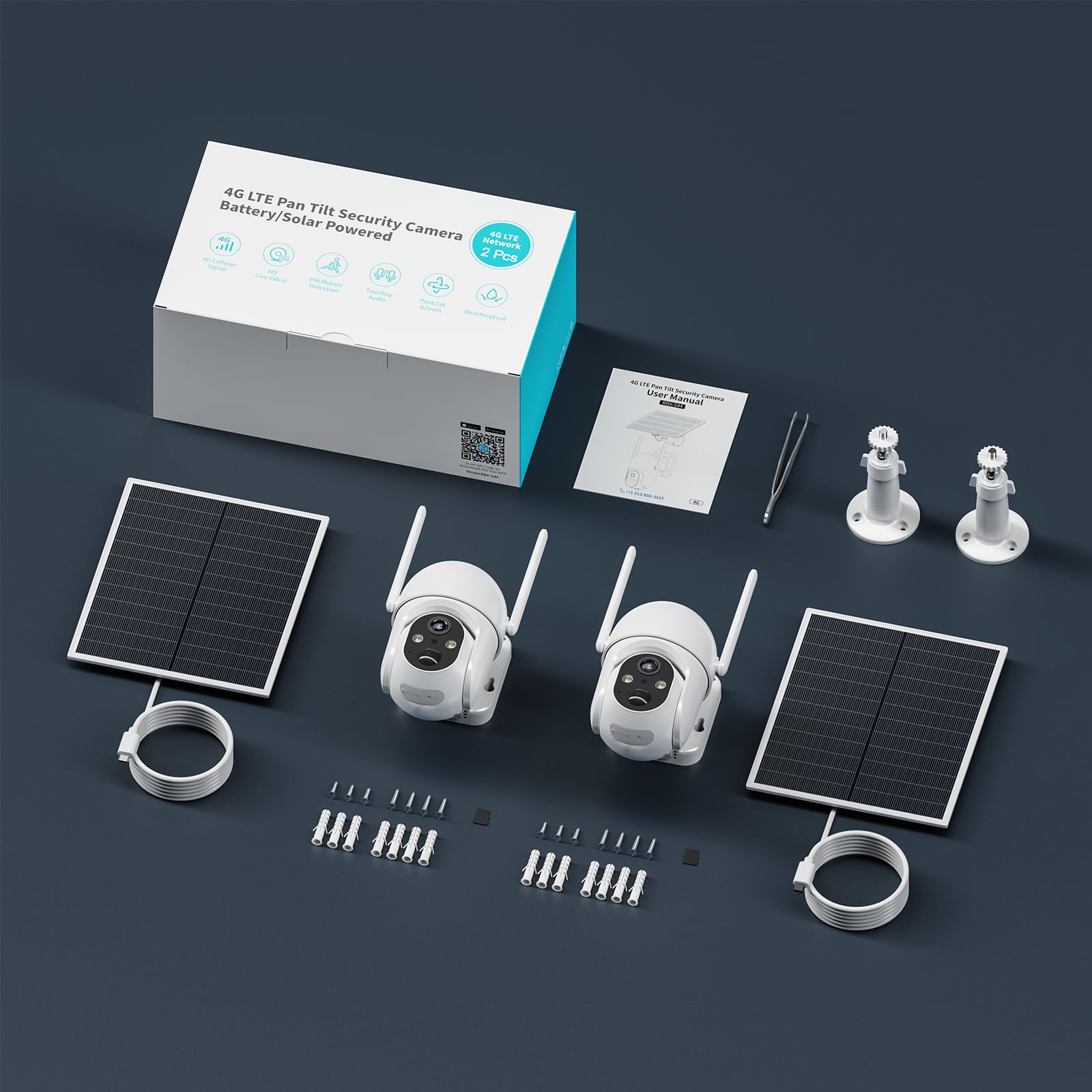 ELYSOO Telecamera di sicurezza cellulare 4G LTE, confezione da 2 telecamere da esterno ad energia solare, nessun WiFi necessario per Farm&Ranch, vista a 360°, visione notturna 2K, scheda SIM integrata