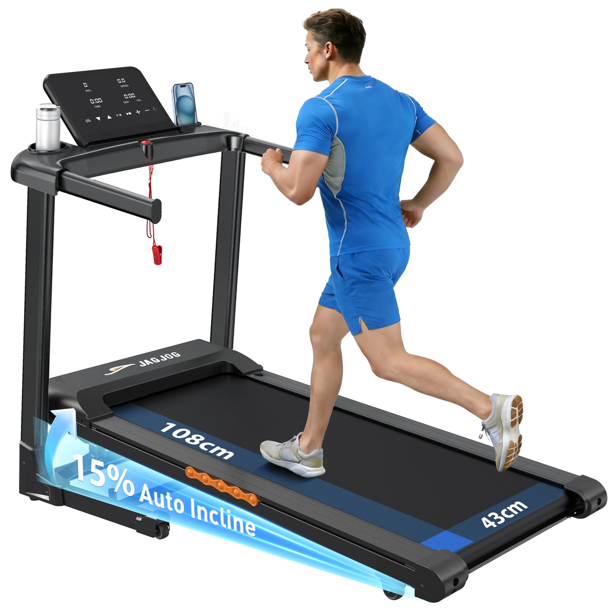 JAGJOG Laufband mit 15% Auto-Steigung und leisem 3-PS-Motor | 1-14 km/h, 12 Programme, LED-Anzeige, klappbar und bis 136 kg