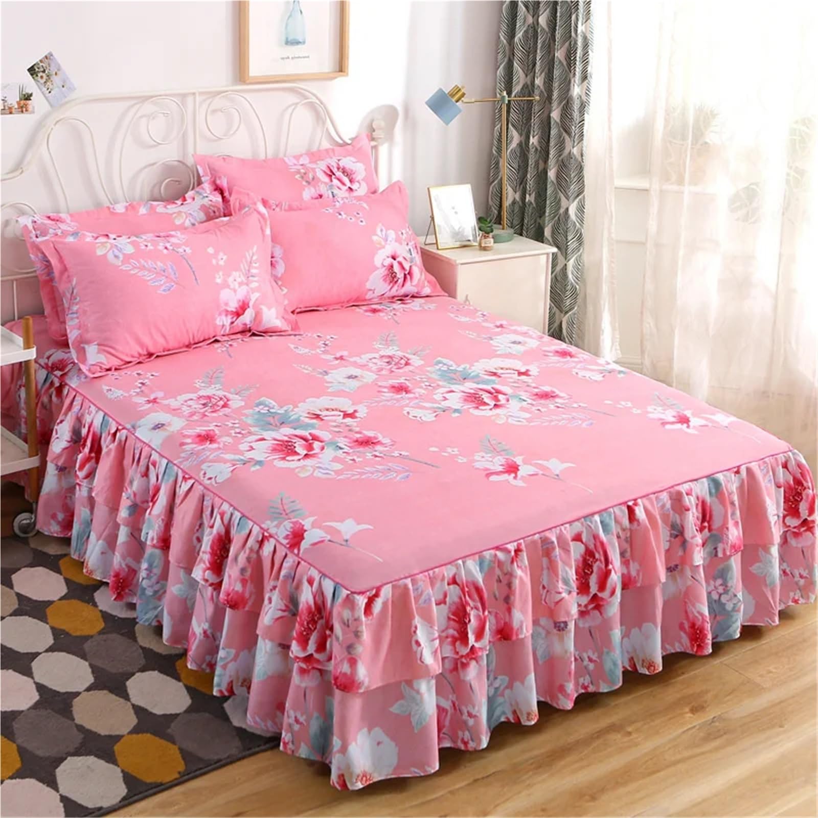 3pcs Bedding Simple Flower Bed Skirt With Pillowcases Wedding Bedspread Bed Sheet Mattress Cover(Color-05,3pcs 180x200cm)