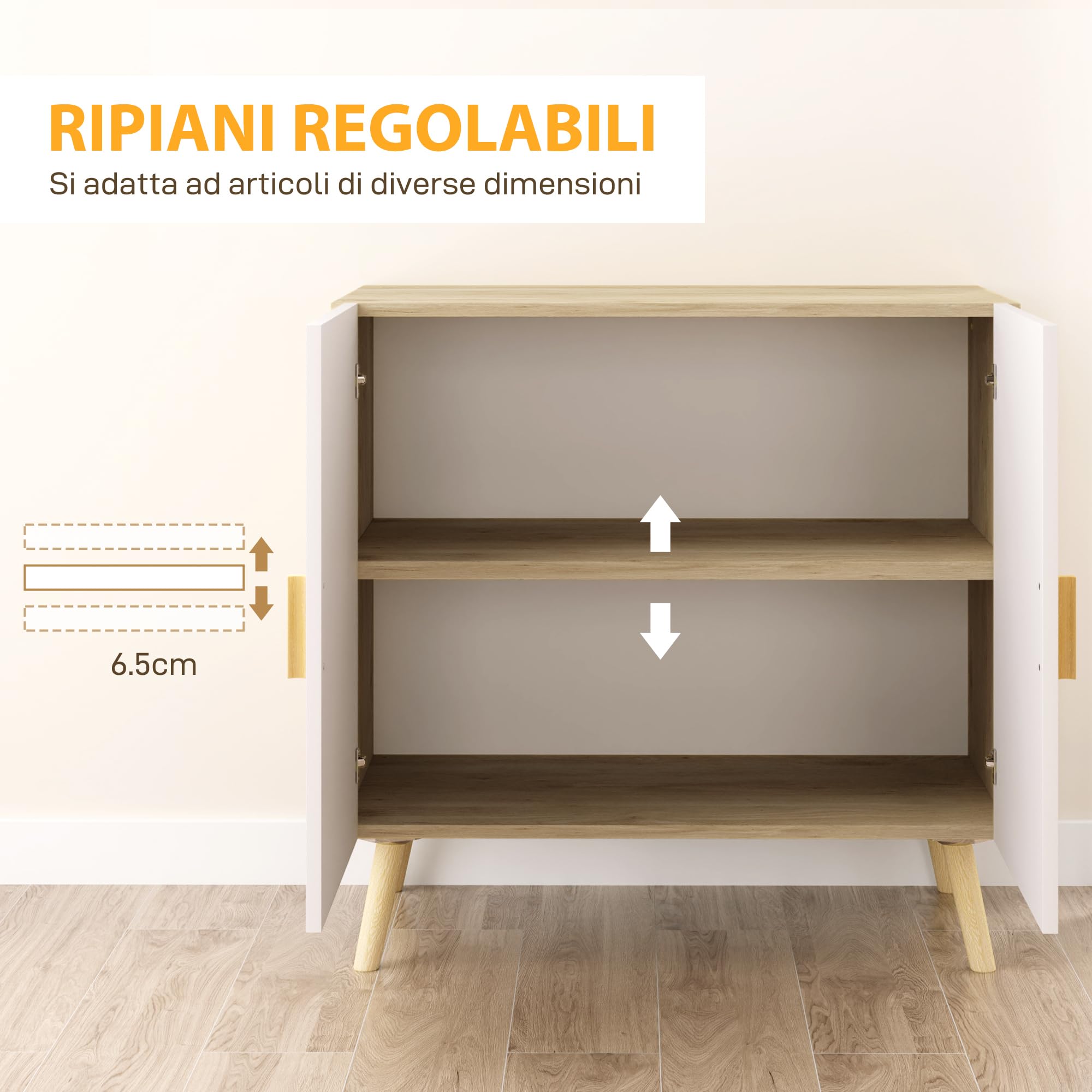 HOMCOM Mobile Multiuso con 3 Ripiani Regolabili e Base Sollevata, Mobile Soggiorno in Legno, 76x41.2x74 cm, Rovere e Bianco