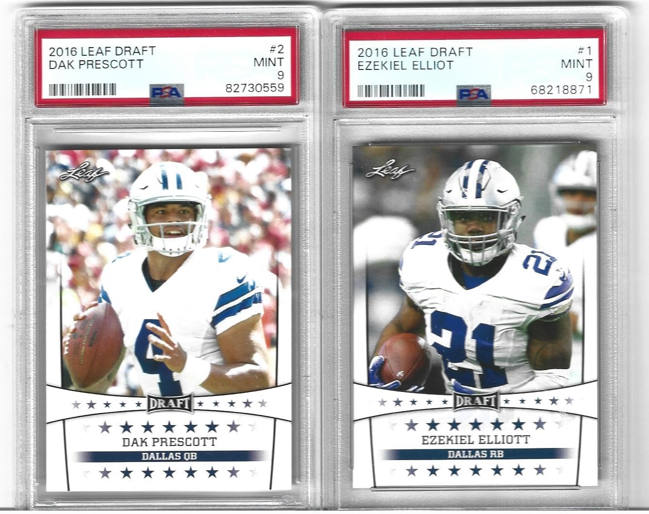 Psa Mint 9 Dak Prescott & Ezekiel Elliot 2 Card Rookie Football Lot Leaf Cowboys Long Time Team Mates Superstar Players