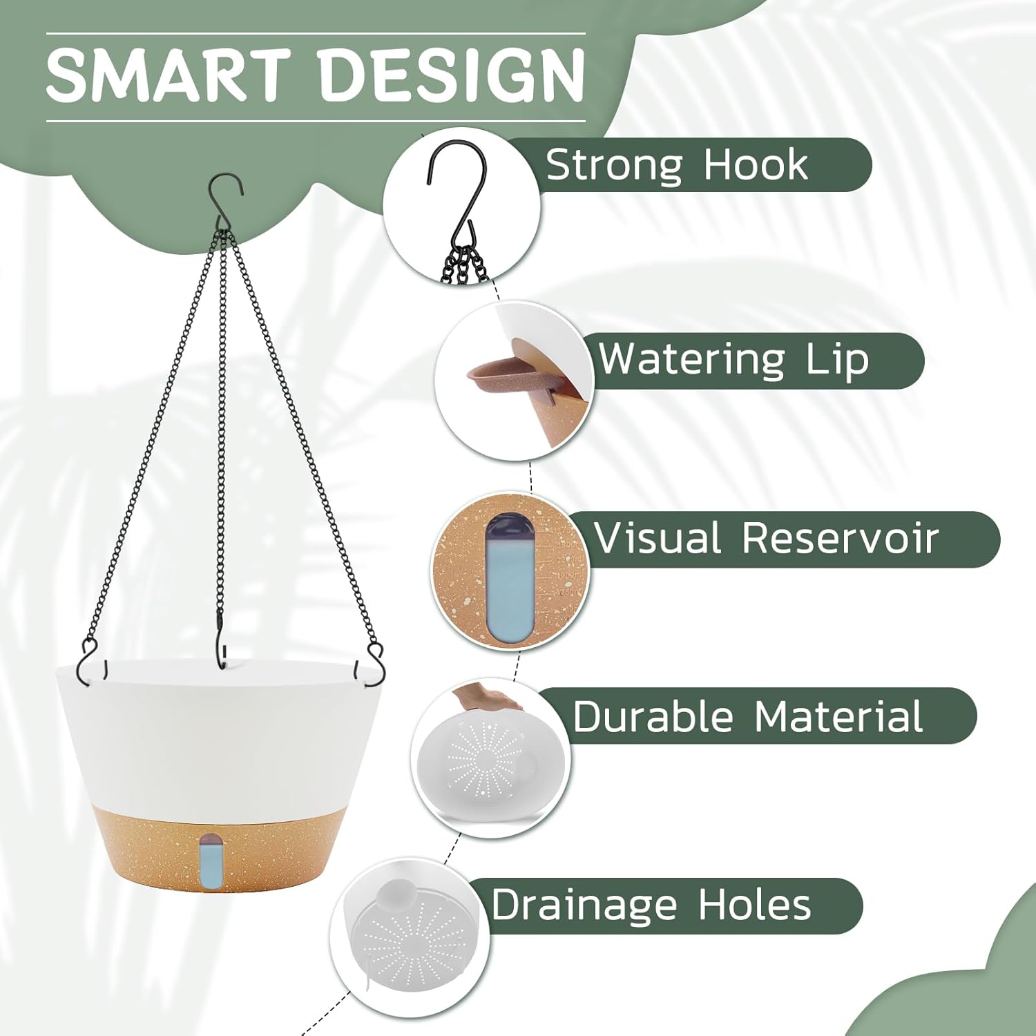ZMTECH 2 Pack 12 Inch Hanging Planters for Indoor Plants, Large White Self Watering Hanging Planter with Visible Water Level Window & Removable Tray, Modern Flower Pots for Outdoor Patio