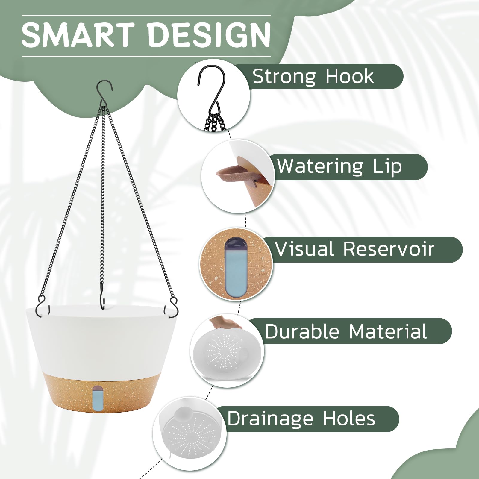 ZMTECH Lot de 3 grands pots de fleurs suspendus de 30,5 cm pour intérieur avec niveau d'eau visible et chaîne, pot de fleurs à suspendre à auto-arrosage pour extérieur, jardin, porche (30,5 cm, blanc)
