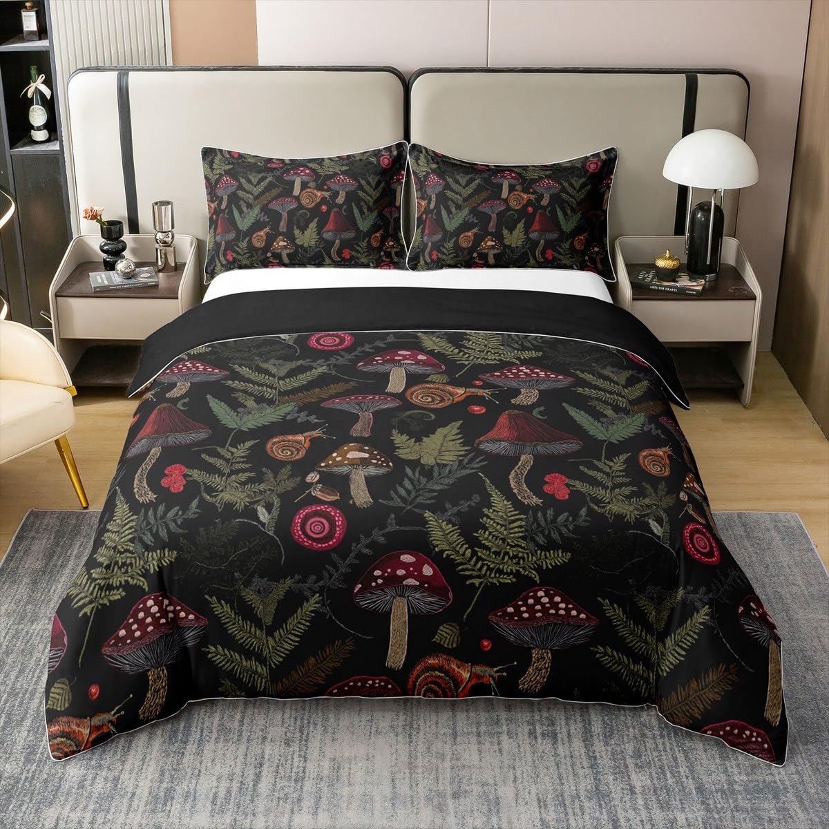 Mushroom Duvet Cover 100% Cotton Wild Snail Jungle Plants Decor Bedding Set for Kids Teens Adults Outdoor Botanical Leaves Rustic Style Comforter