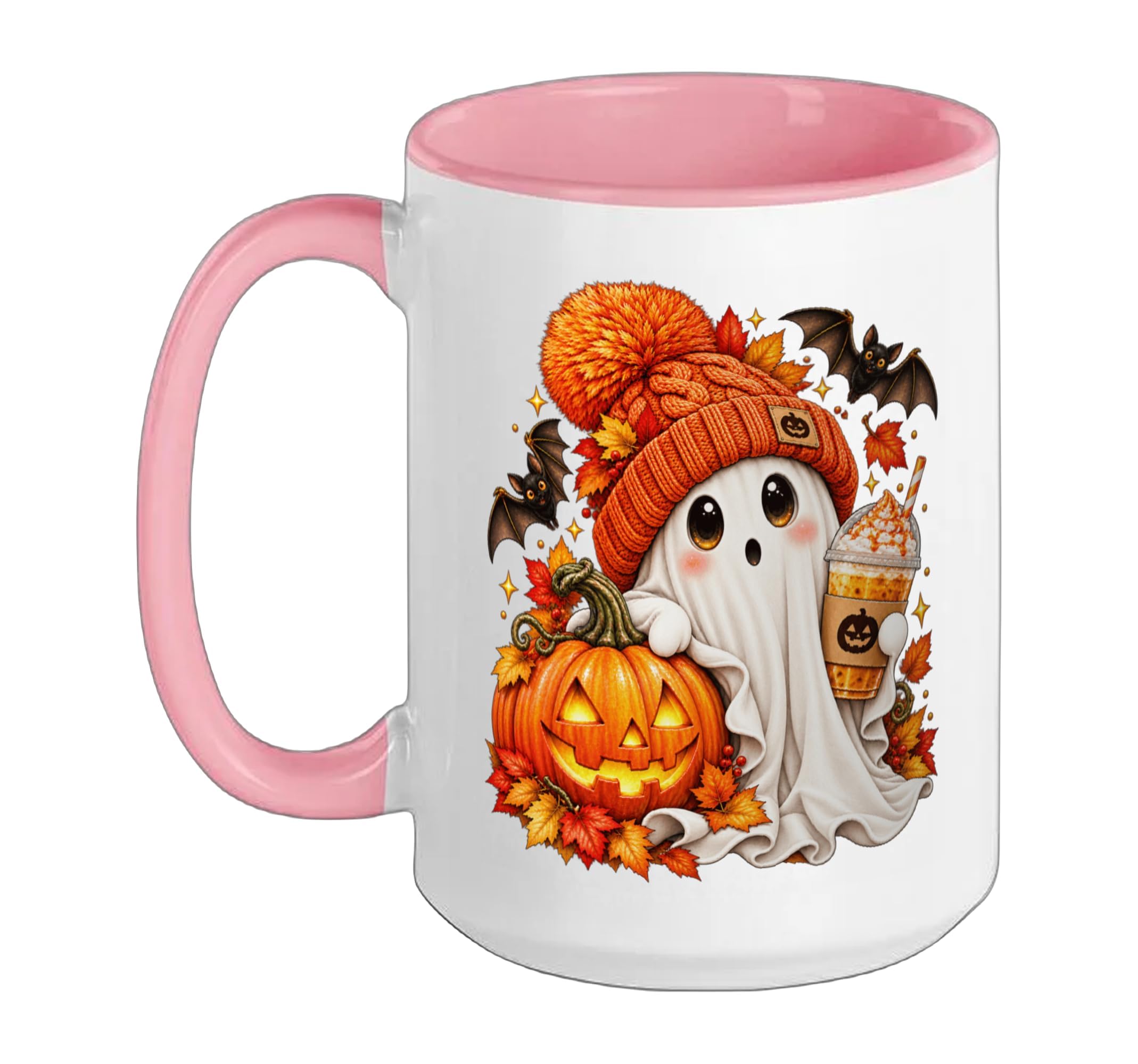Cute Ghost Pumpkin Spice Beanie Halloween Iced Coffee Ceramic Mug, Pink/White, 15oz