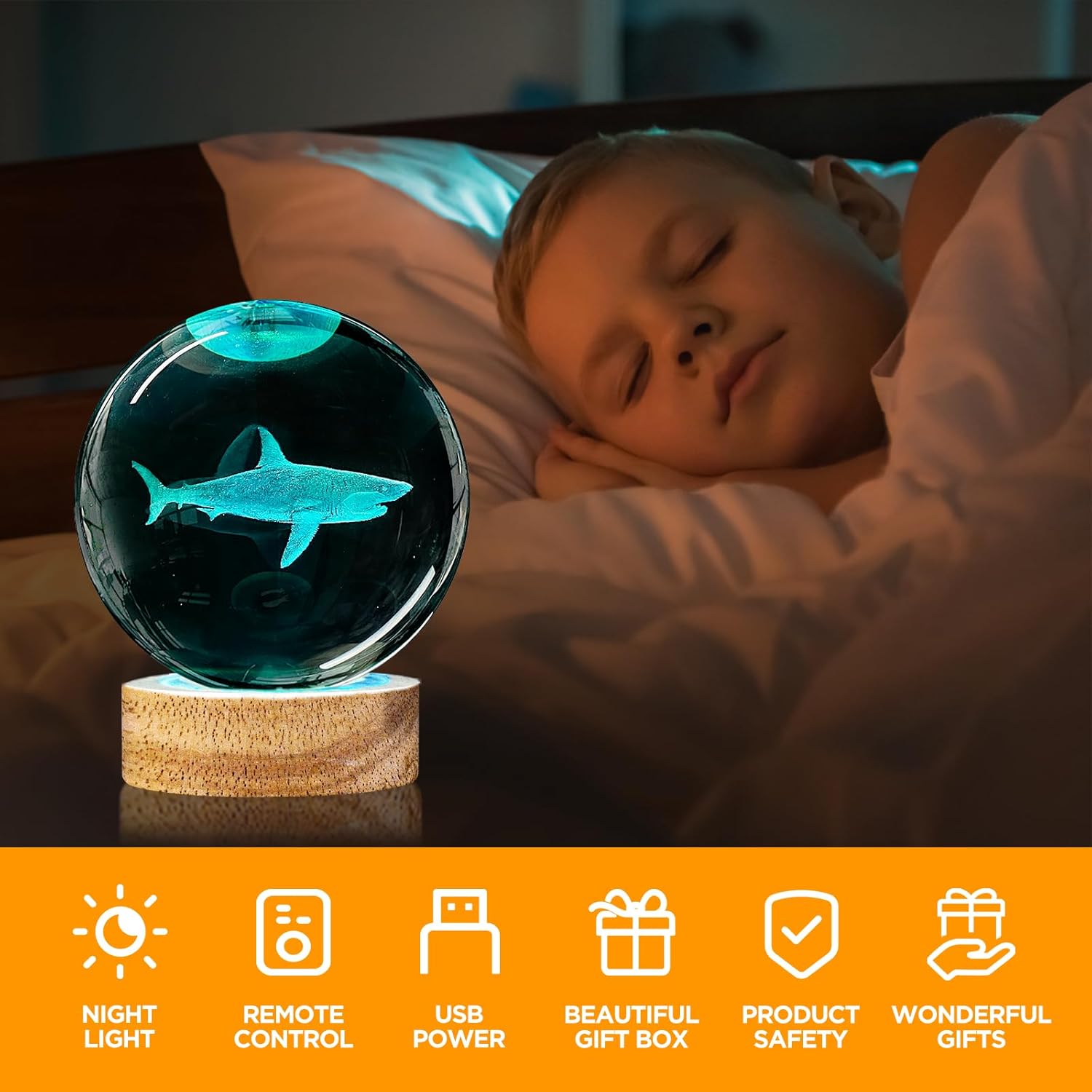 3D Shark Crystal Ball Night Light - 3.15 Inch Glass Lamp With 16 Color Wooden Base and Remote - Figurines Room Decor Gifts for Shark Lovers Boys Girls - Image 4