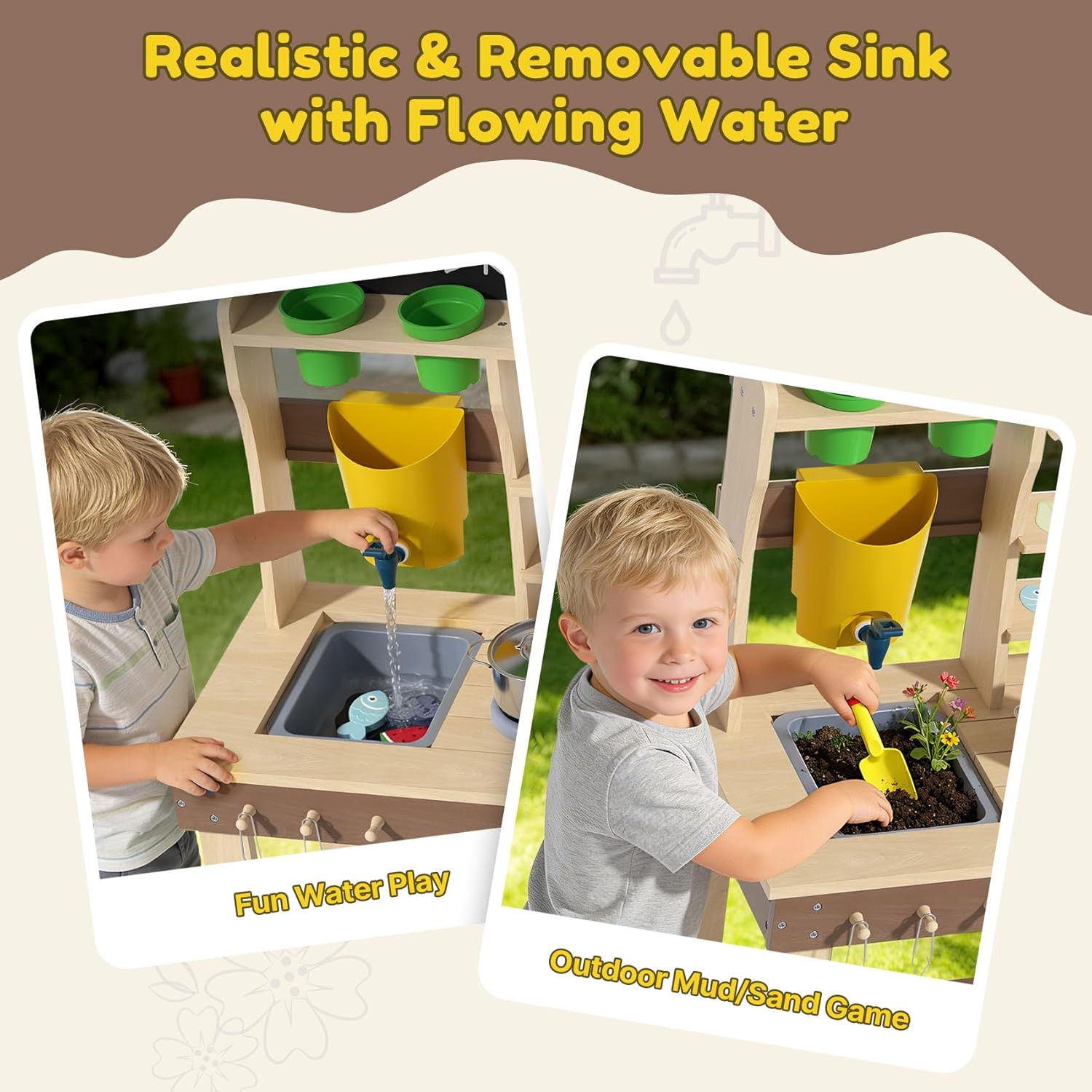 BIERUM Mud Kitchen for Kids Outdoor - Wooden Play Kitchen for Toddlers with Accessories，Pretend Outdoor Playhouse for Kids Ages 3+, Outdoor Kitchen with Sink, Faucet & Storage, Brown