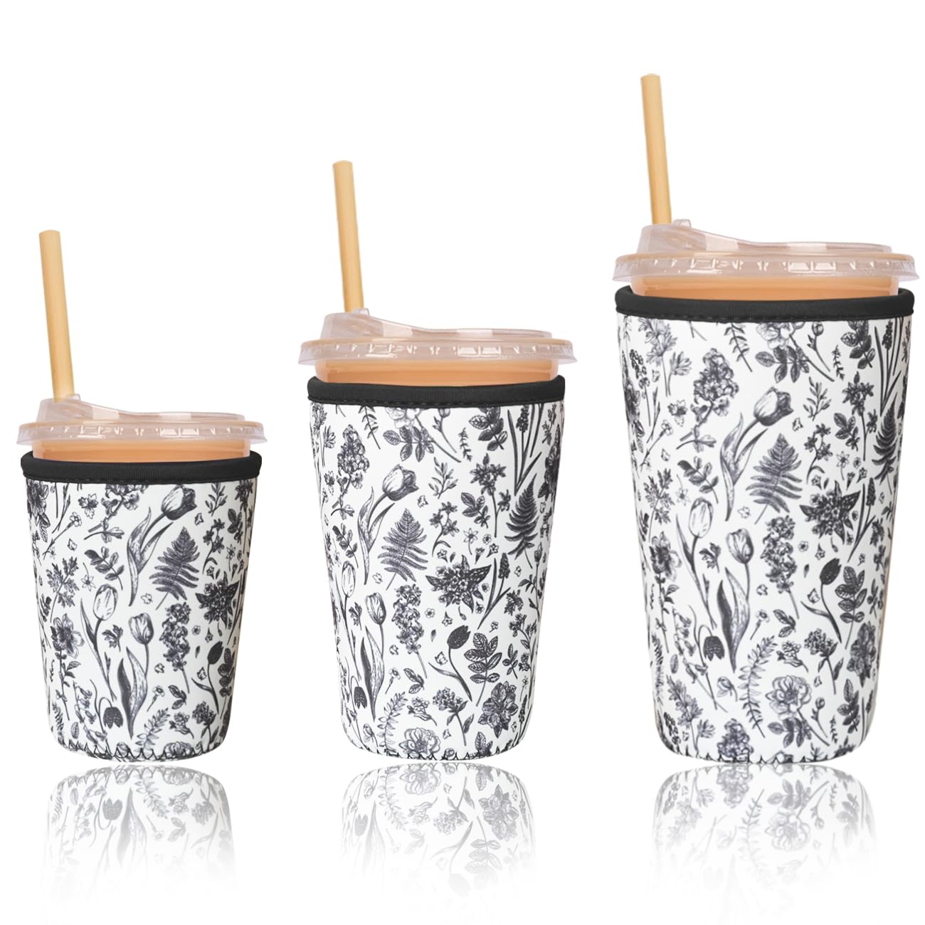 Reusable Insulated Sleeve for Iced Coffee Cup, 3-Pack Coffee Neoprene Drink Sleeve for Cold &amp; Hot Drinks, Beverage Holder for Iced Coffee (Black Fern Florals)