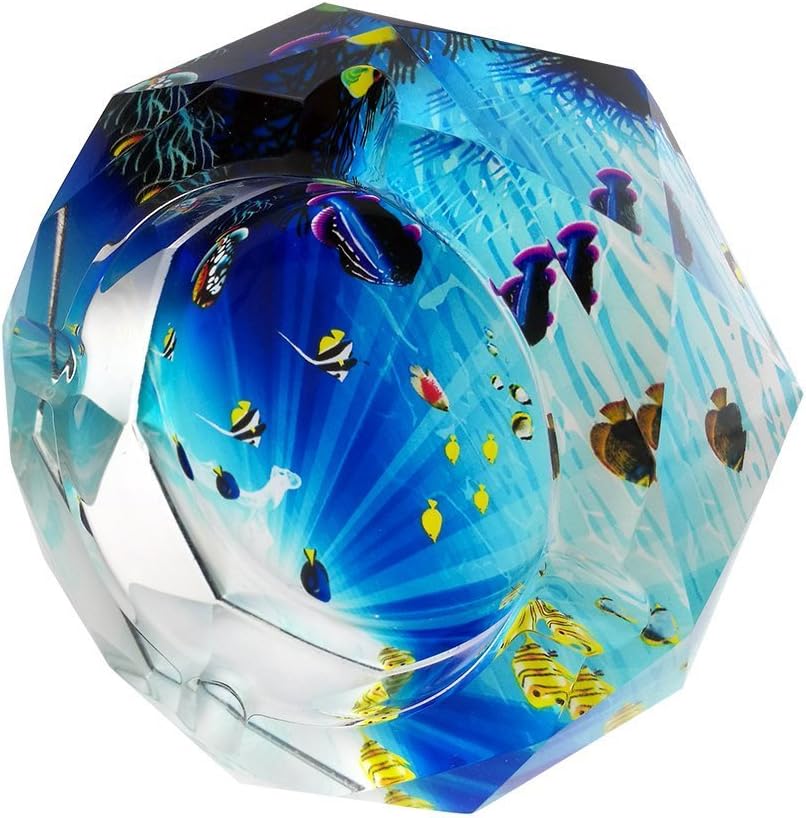 Apol Beautiful Octagon Crystal Glass Ashtrays 3.9" Cigar Cigarette Ash Holder Case for Home Office Tabletop Decoration Dad Gift (Ocean World)
