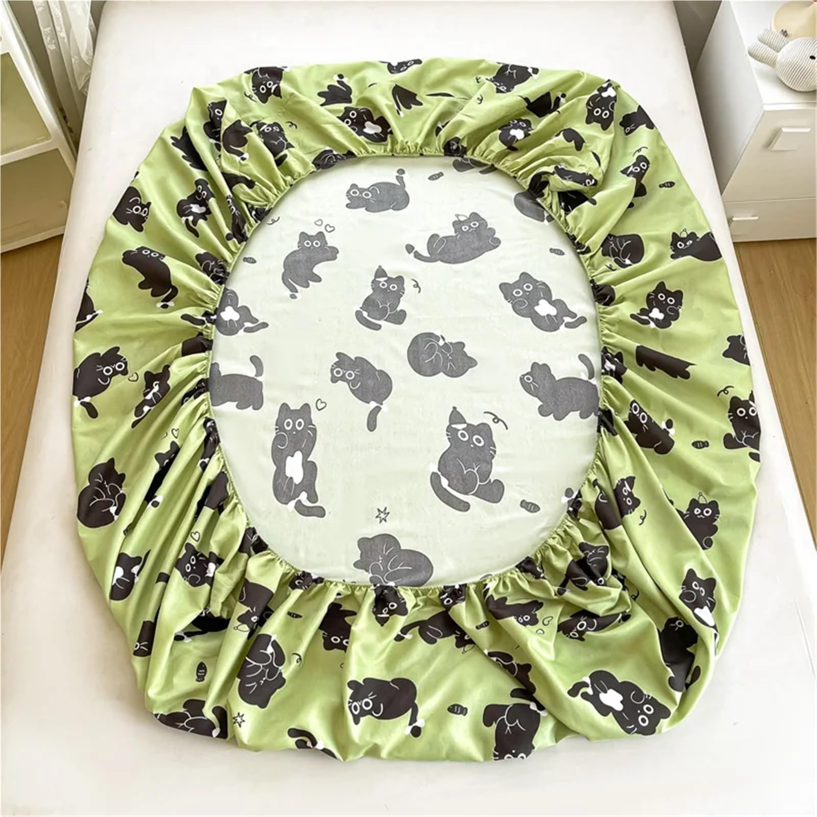 sábana encimera Estampada Sábana con Estampado de Gato, Color Verde, tamaño Individual/Queen/King, Equipada Banda elástica, Estilo Dibujos Animados(90x200cmx25 3pcs)