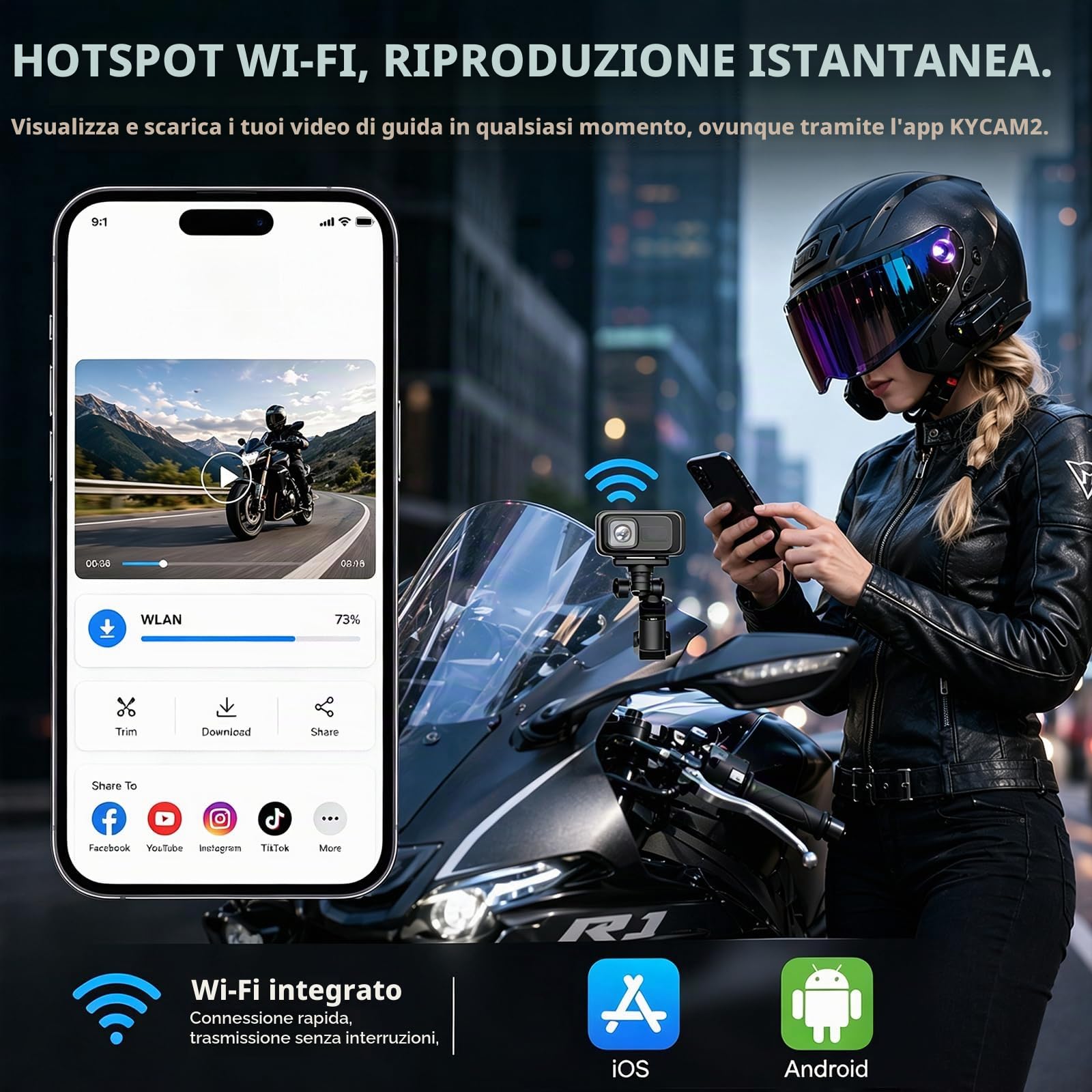 Action Camera portatile, 2K e 120°, grandangolo per moto, Wi-Fi, sensore G, blocco collisione, con IP65, per moto, bici elettriche e sport all'aria aperta