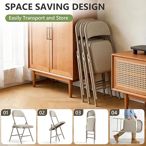 Miniatura 8 de Paquete de 4 sillas plegables, sillas de comedor plegables acolchadas de tela con asiento y respaldo de cojín, juego de sillas plegables para