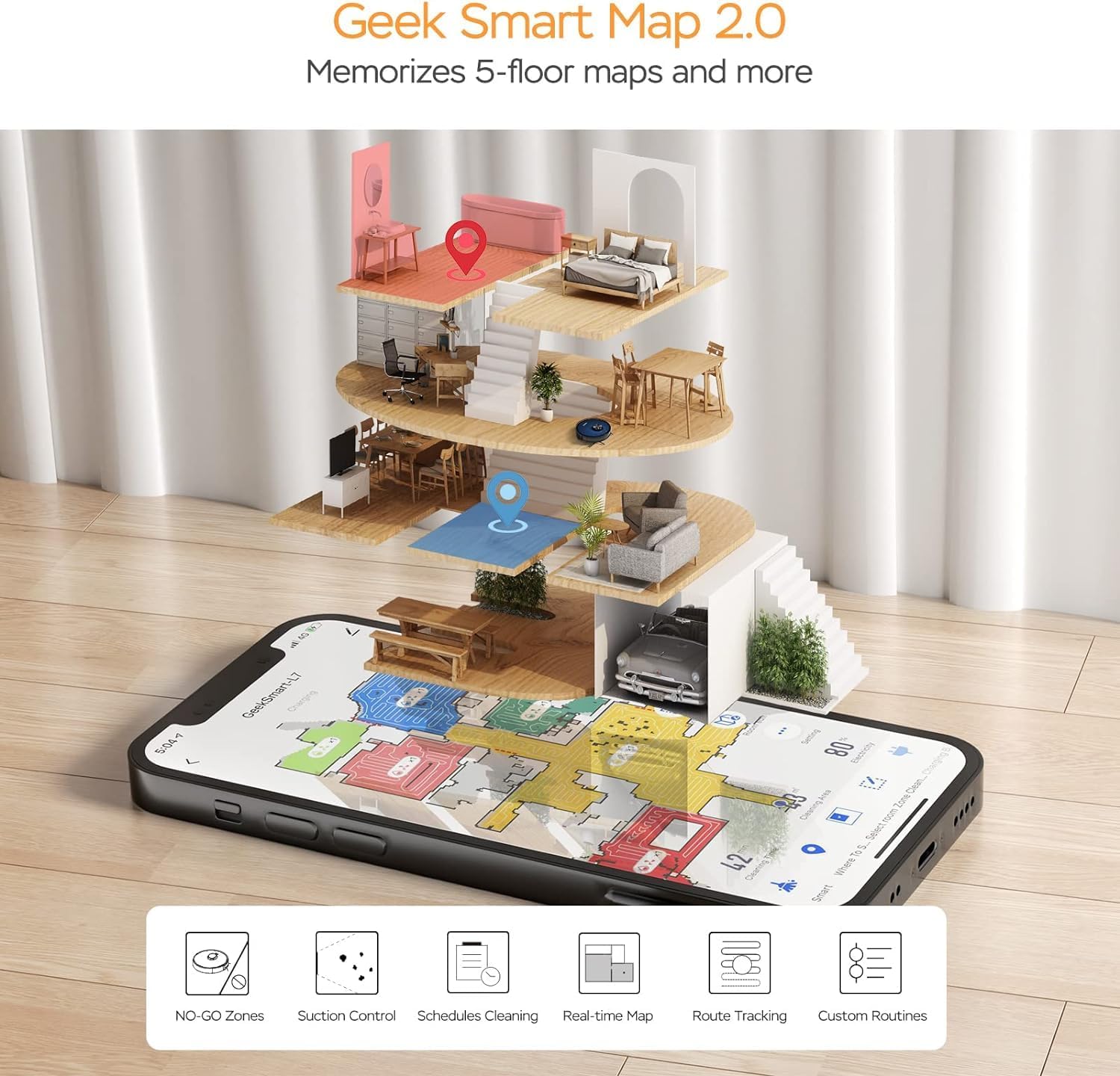 Geek Smart app interface showing a detailed floor plan map