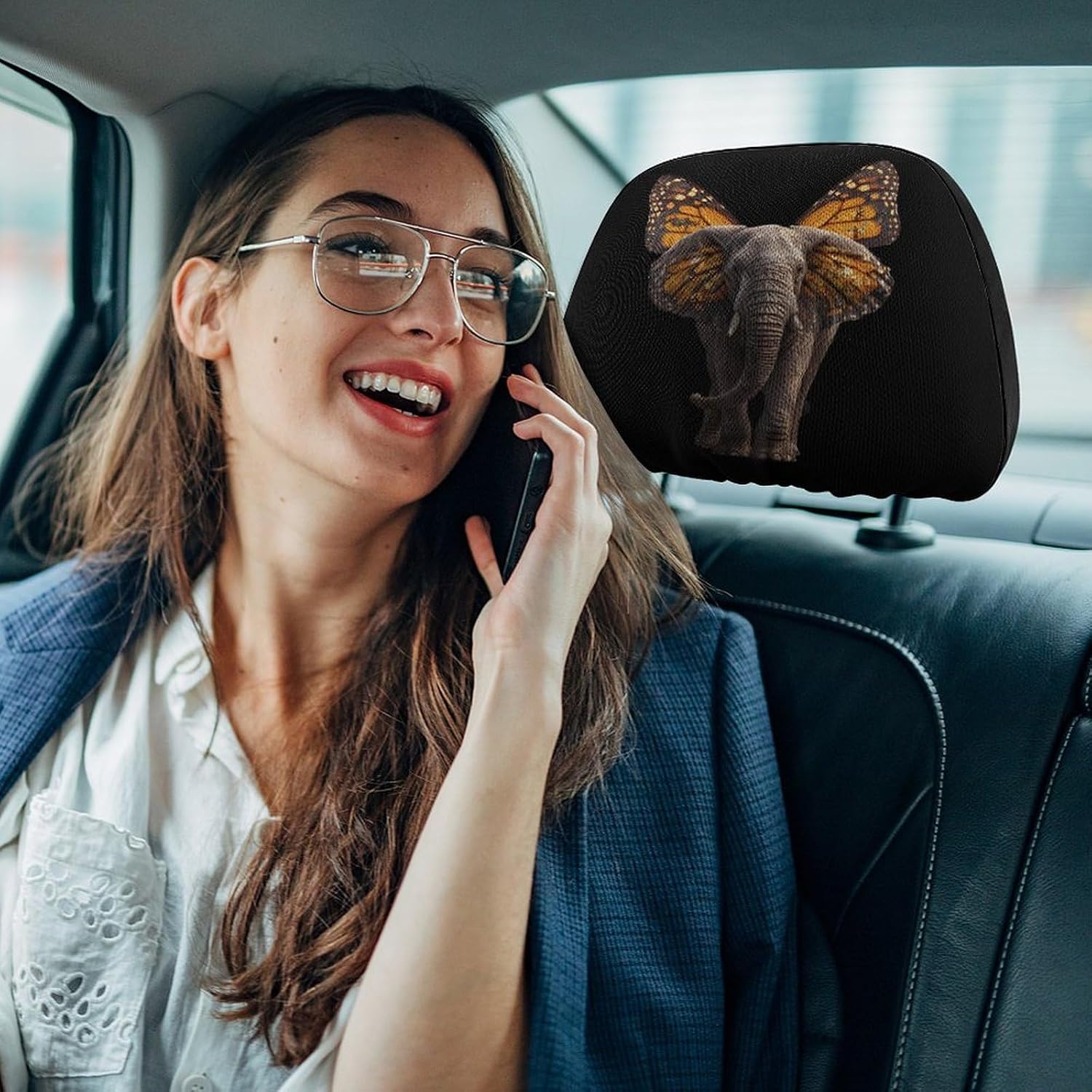 Elephant with Monarch Butterfly Wings Fashion Car Headrest Cover Novelty Elastic Seat Rest Covers for SUV Truck Sedan image 5