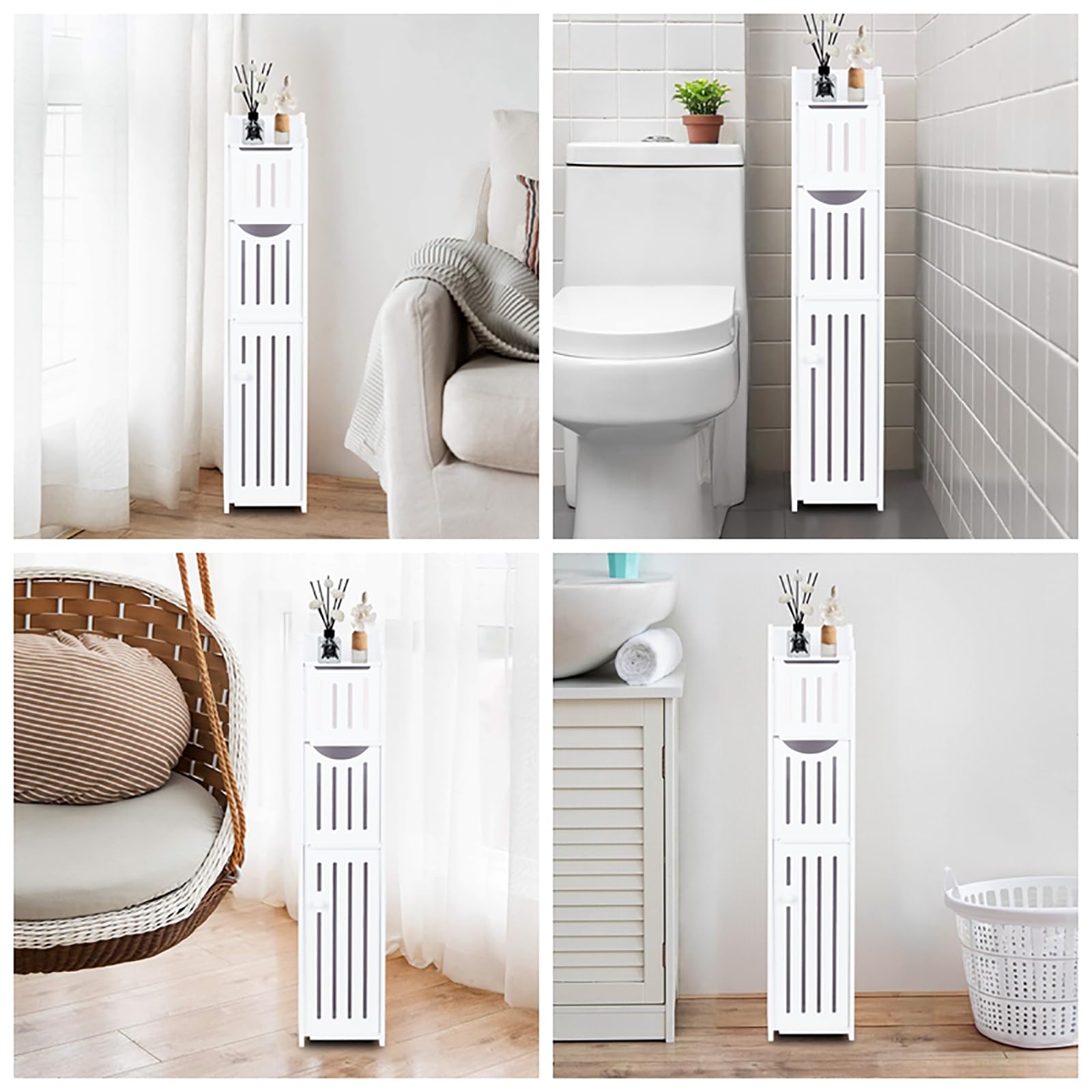 ShellKingdom Soporte para papel higiénico, gabinete de almacenamiento de baño con puertas y estantes, gabinete de almacenamiento delgado para baño, espacios pequeños, organizador de estante esquinero,