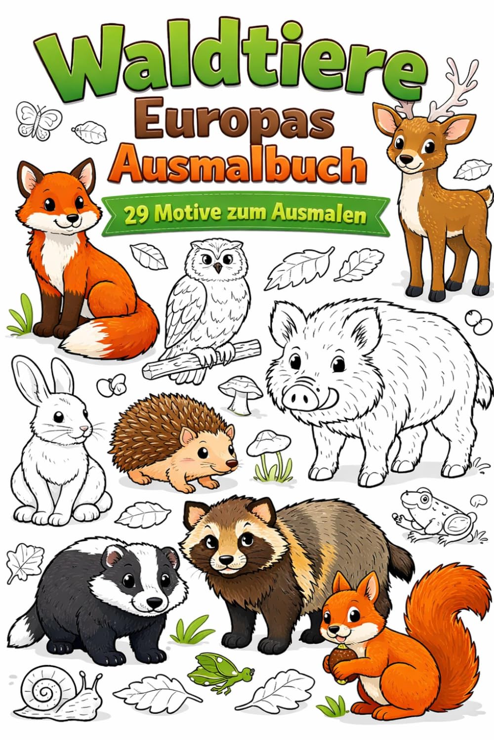 Waldtiere Europas Ausmalbuch für Kinder ab 4 Jahren - 29 einfache Motive zum Ausmalen – Fuchs, Reh, Eule, Igel und viele weitere Tiere aus dem Wald
