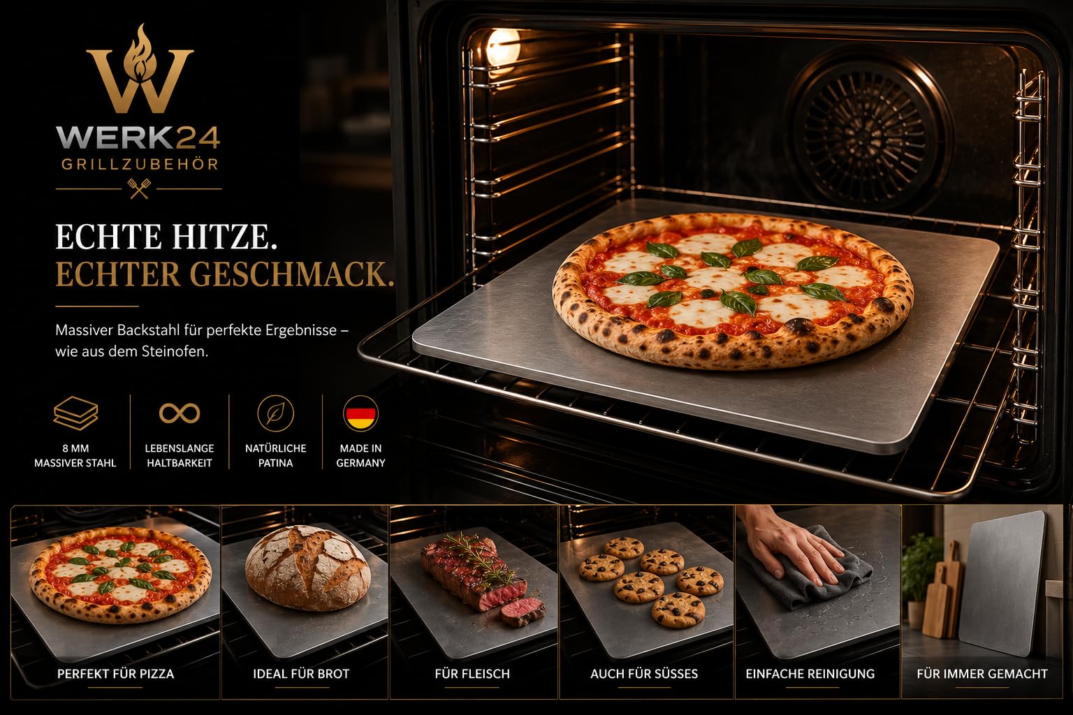 Werk24 Backstahl 38 x 33 cm, 8 mm Pizzastahl für Pizza, Brot und Flammkuchen, massiver Backstahl für Backofen und Grill