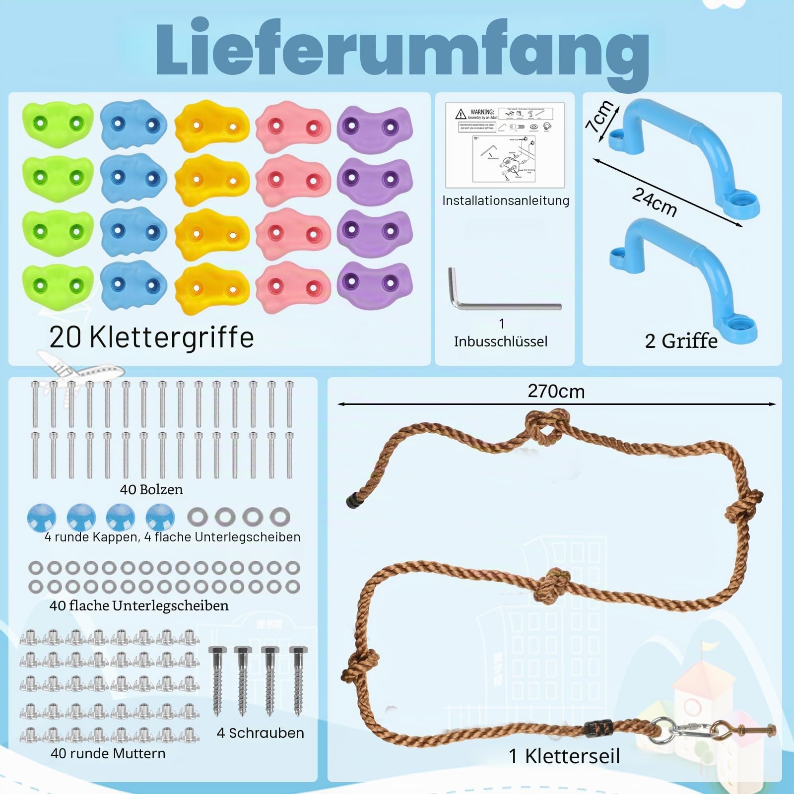 20 Stück Klettergriffe Kinder Outdoor - Klettersteine | Kletterwand Griffe Für Spielturm, mit 2 Griffen und 270 cm Kletterseil, Rock Wall Climbing Holds Steine helle Kletterfarbe