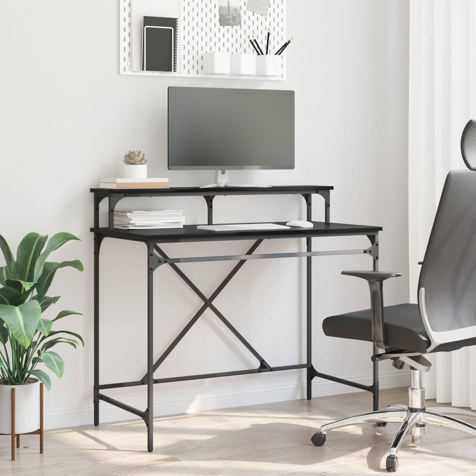 Bureau chêne Noir en Bois d'ingénierie 100 x 50 x 90 cm avec étagère, Meuble de Rangement pour Poste de Travail Informatique, Bureau Compact pour télétravail et Espace étudiant