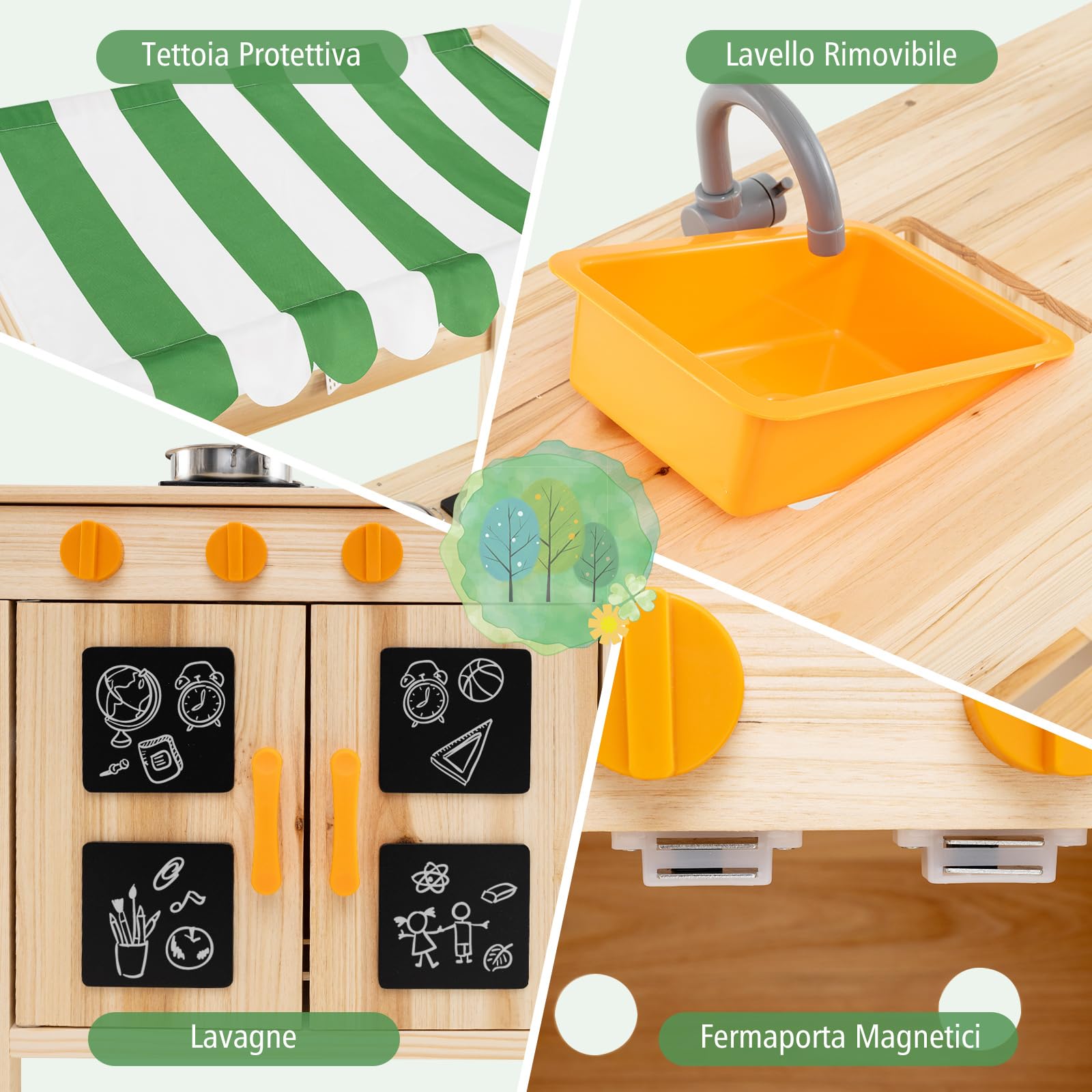 COSTWAY Cucina Giocattolo per Giardino in Legno di Abete, Cucina per Fango da Esterno con Tettoia, Fornelli, Ganci, 4 Lavagne e Lavello, Set Cucina con 5 Accessori, 88 x 39 x 117 cm