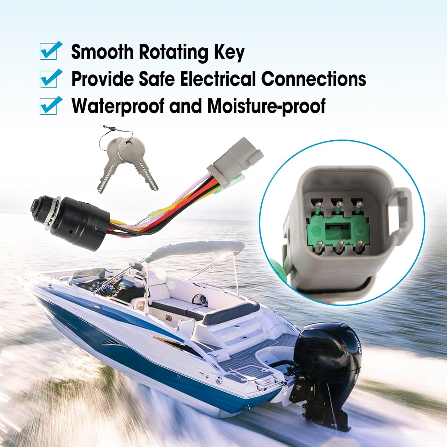 Ignition Switch with 2 Key Replace 129572 Fit for Tracker Boats Marine, 3 Position 6-Wire Connectors, Universal