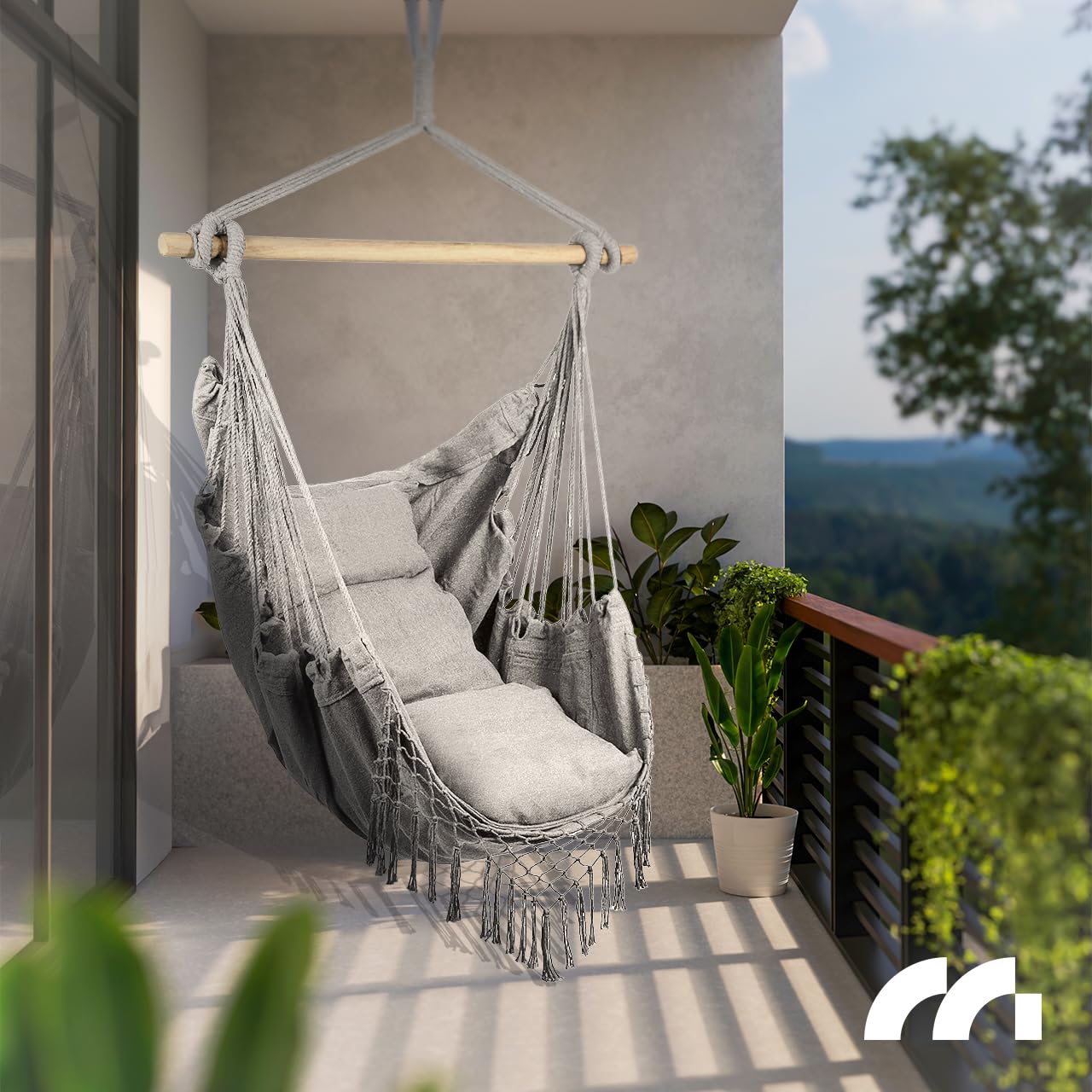 MalTec Hängesessel mit Kissen Gartenstuhl, Hängeschaukel, Hängematte für Wohnzimmer, Terrasse, Garten, Hellgrau bis 120 kg belastbar, Outdoor Indoor Brasilianische Hängematte Garten