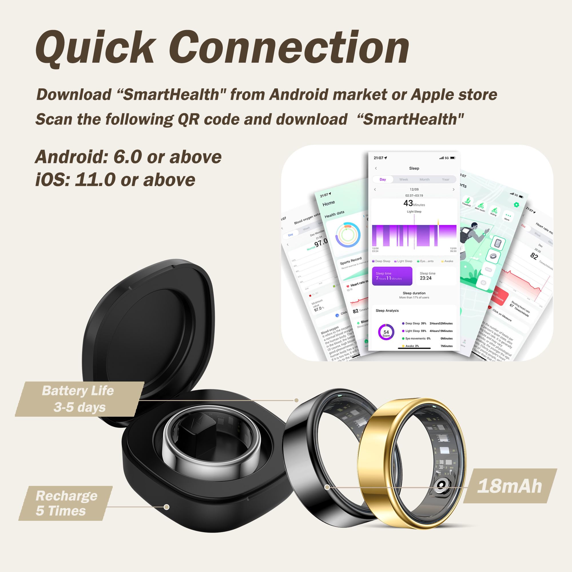 Anello intelligente per uomo donna anelli di salute frequenza cardiaca monitoraggio del sonno contapassi contapassi anello sportivo anello fitness tracker alla moda con custodia di ricarica anelli