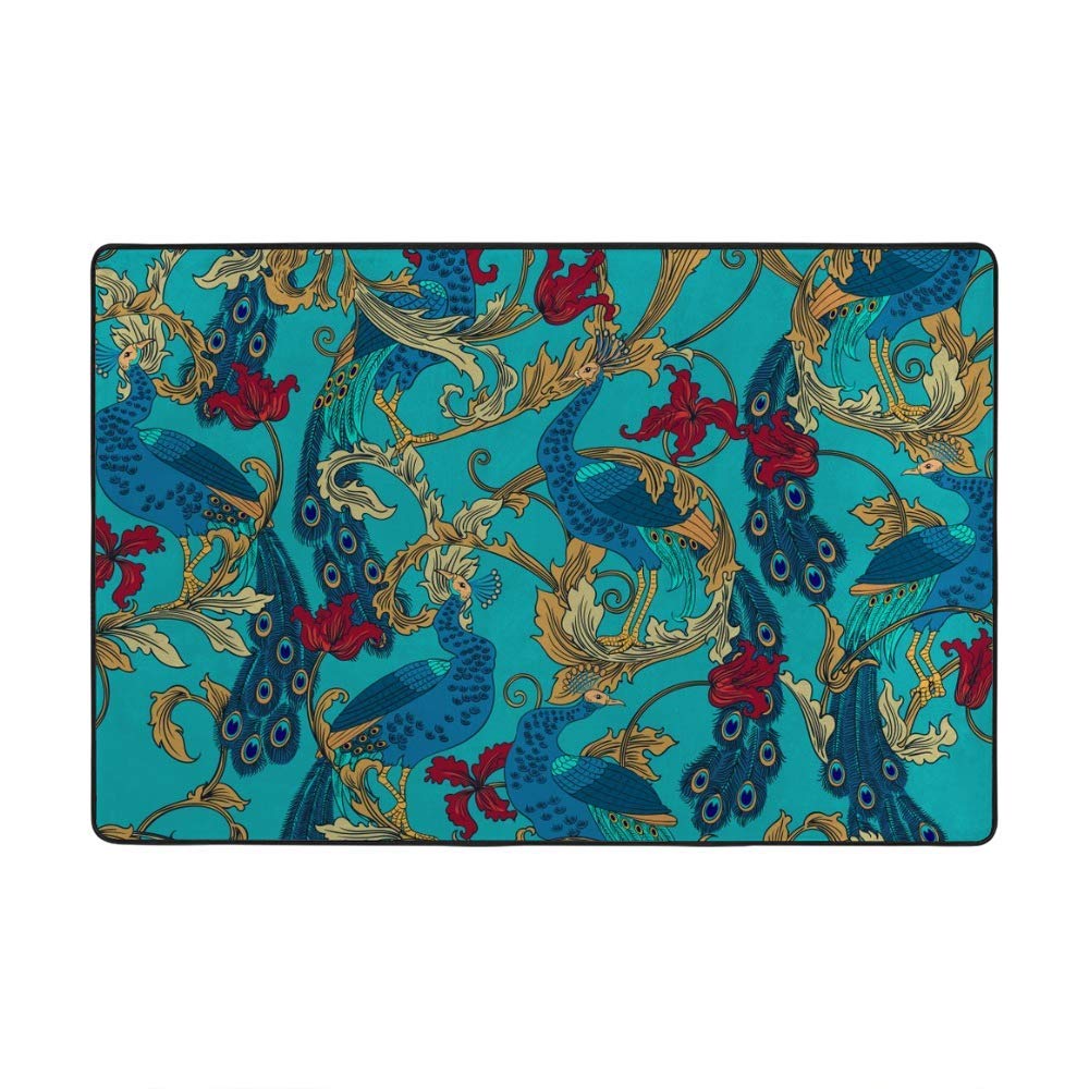 Tapis de sol en velours épais premium bleu corail au motif paons raffiné