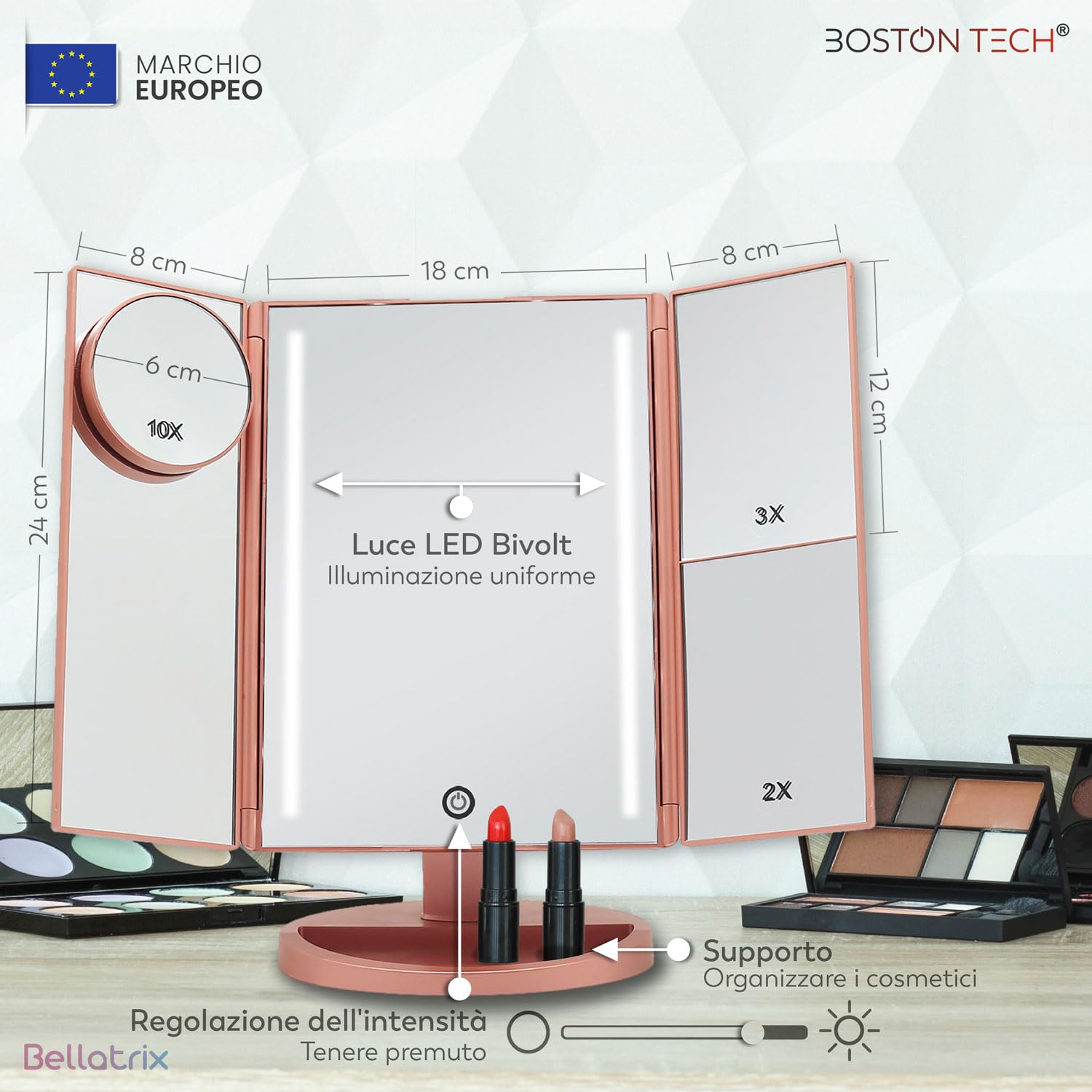 Boston Tech Specchio trucco con luce LED Bellatrix, ingrandimento 1x/2x/3x/10x, specchio pieghevole a 3 pannelli, rotazione 180°, touchscreen, doppia alimentazione e design elegante