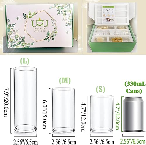 Miniatura 8 de UDU Juego de 6 jarrones cilíndricos de vidrio para centros de mesa con 40000 relleno de jarrón, 12 velas flotantes blancas, 3 cadenas de perlas para