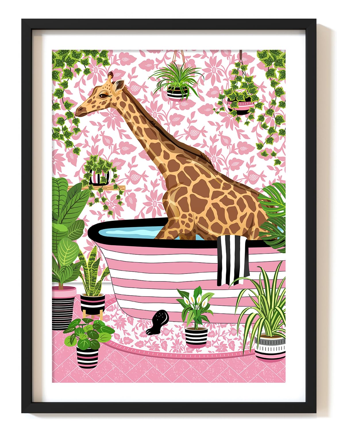 Giraffe in Bath Print, Giraffe in Bathroom Print, A4 UNFRAMED Print, Animal Toilet Print, Pink Black, Giraffe Toilet Print, Tropical Bathroom Decor