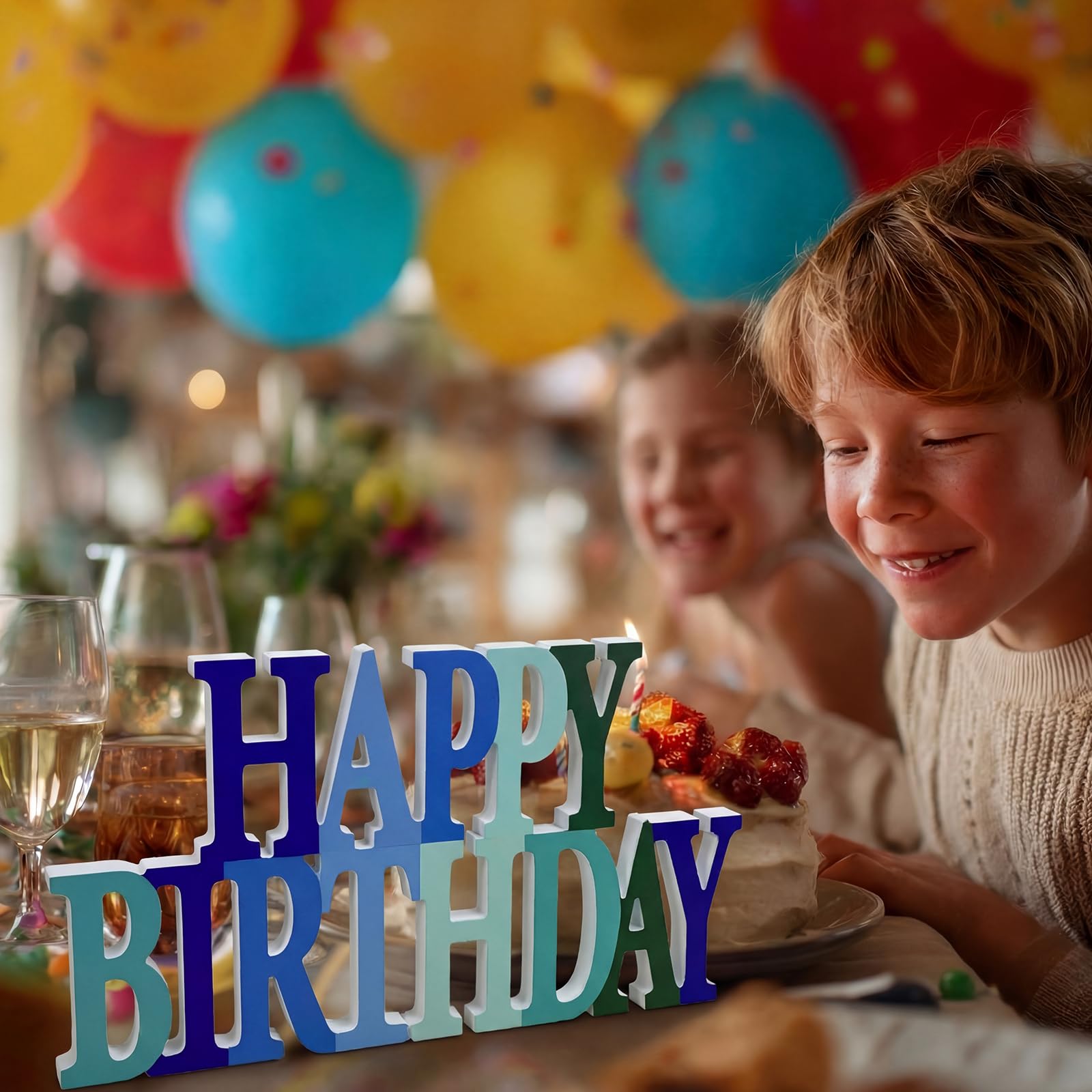 Novabright Brokatowy niebieski i zielony znak "Happy Birthday" dekoracja na stół dekoracje na przyjęcie urodzinowe dla kobiet urodziny tematyczne uroczystości artykuły imprezowe