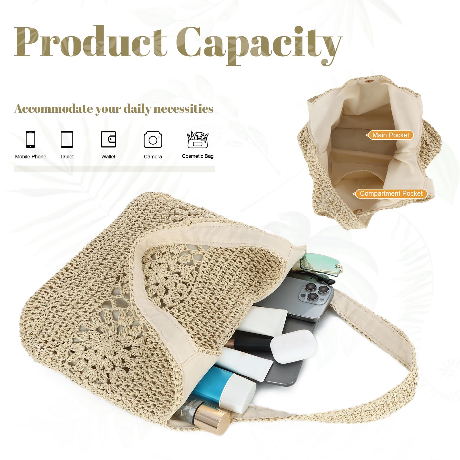 EVEOUT Sac Cabas en Raphia Tressé Femme été Grand Léger Boho Sac de Plage Tressé Léger Sac Fourre-tout Paille Tissé pour Vacances(Beige)