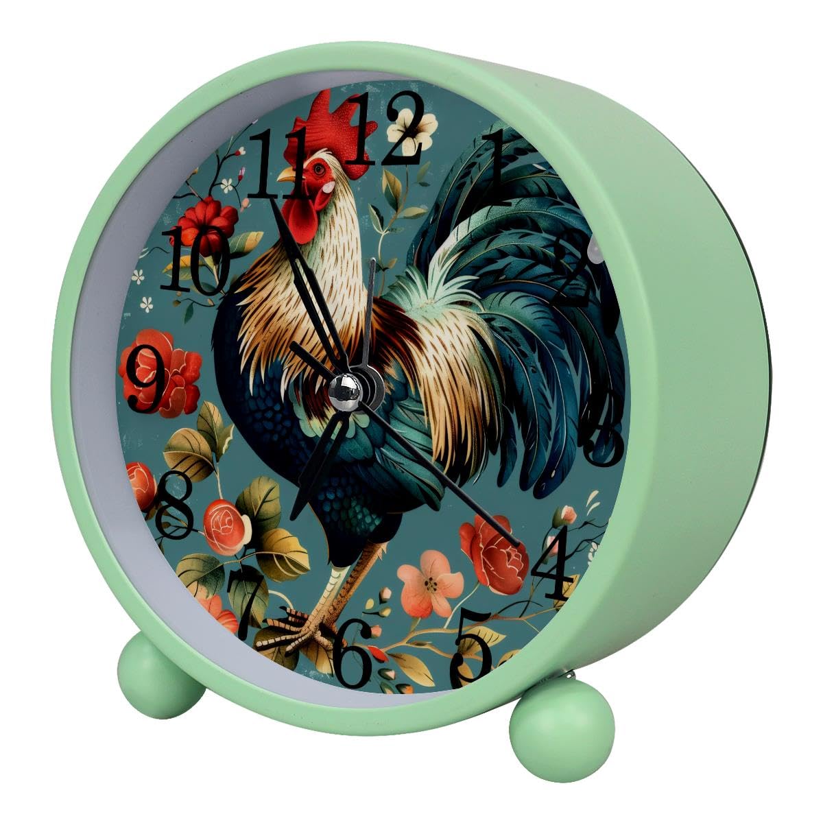 Alarm Clock Rooster Flowers Vintage, Silent Non-Ticking with Night Light