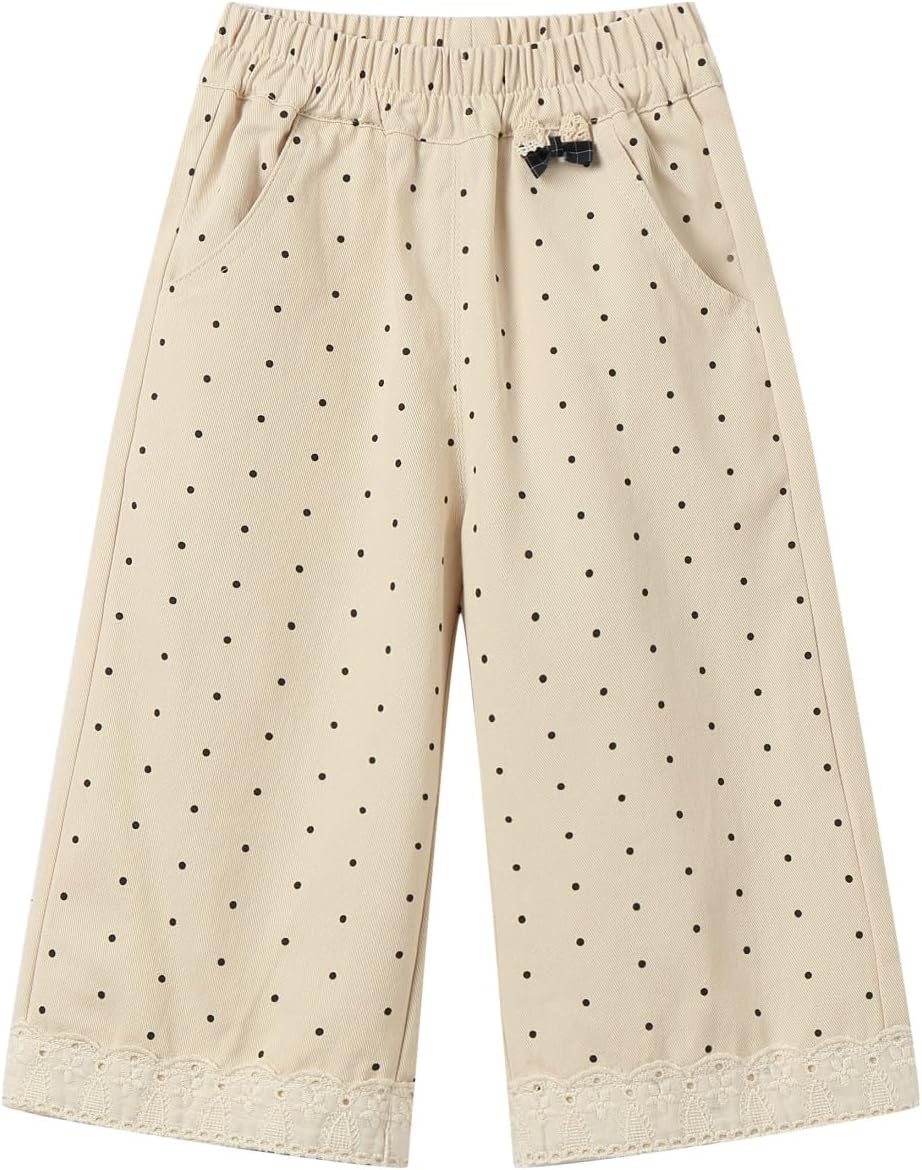 Mud Kingdom Girls Wide Leg Pants with Lace Trim and Bow Polka Dot Casual Pants 12 Months - Size 8