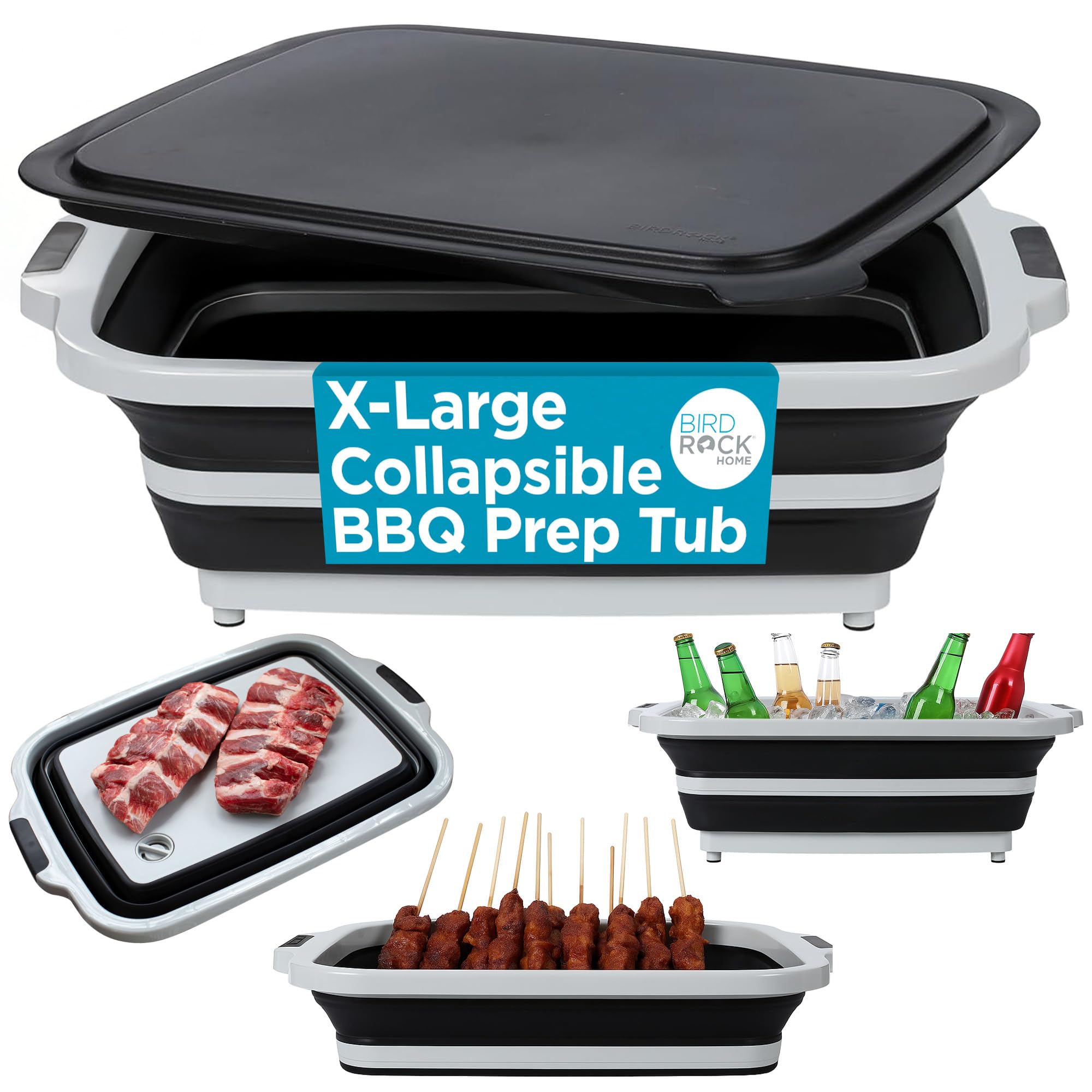 BIRDROCK HOME Collapsible XL BBQ Prep Tub w/Cutting Board, Multi-Function Grill Caddy w/Colander & Lid, Portable Silicone Dish Bowl for Picnic, Tailgate, Camping - Black