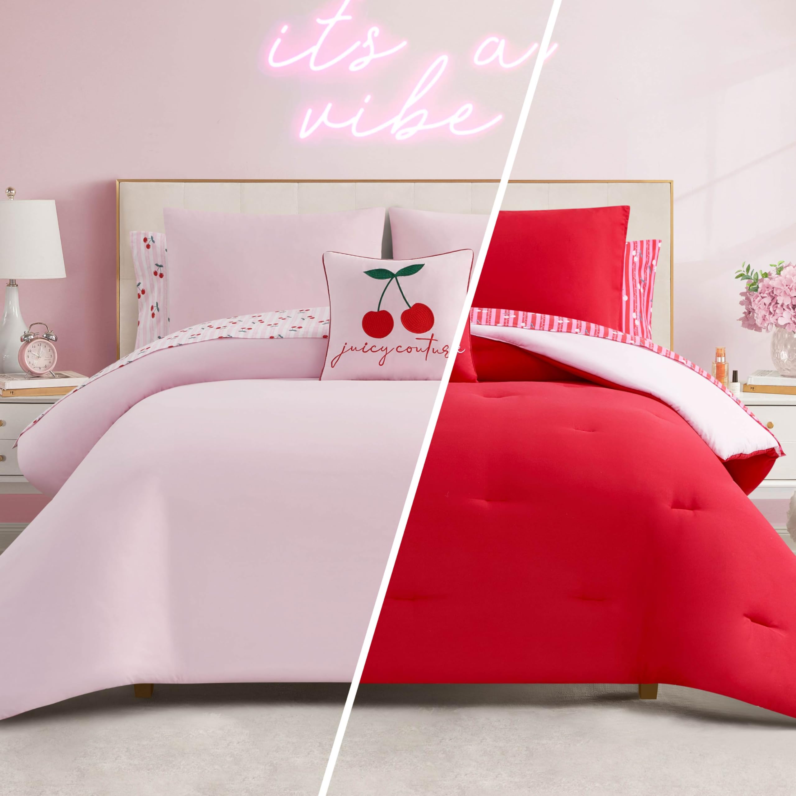 Juicy Couture Cherry Script Reversible Comforter Bed in a Bag Set, Light Pink/Red, Twin